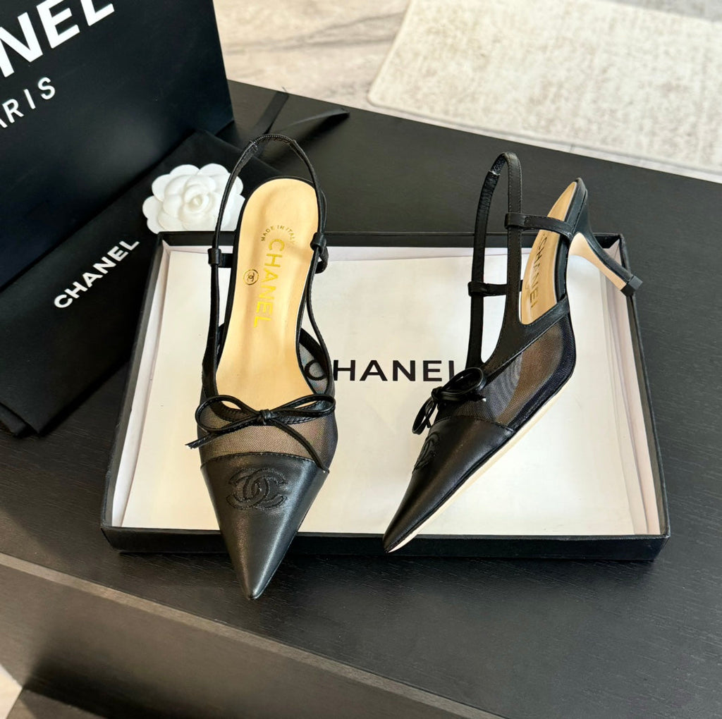 CHANEL MESH LOGO SLINGBACKS IN BLACK LAMBSKIN