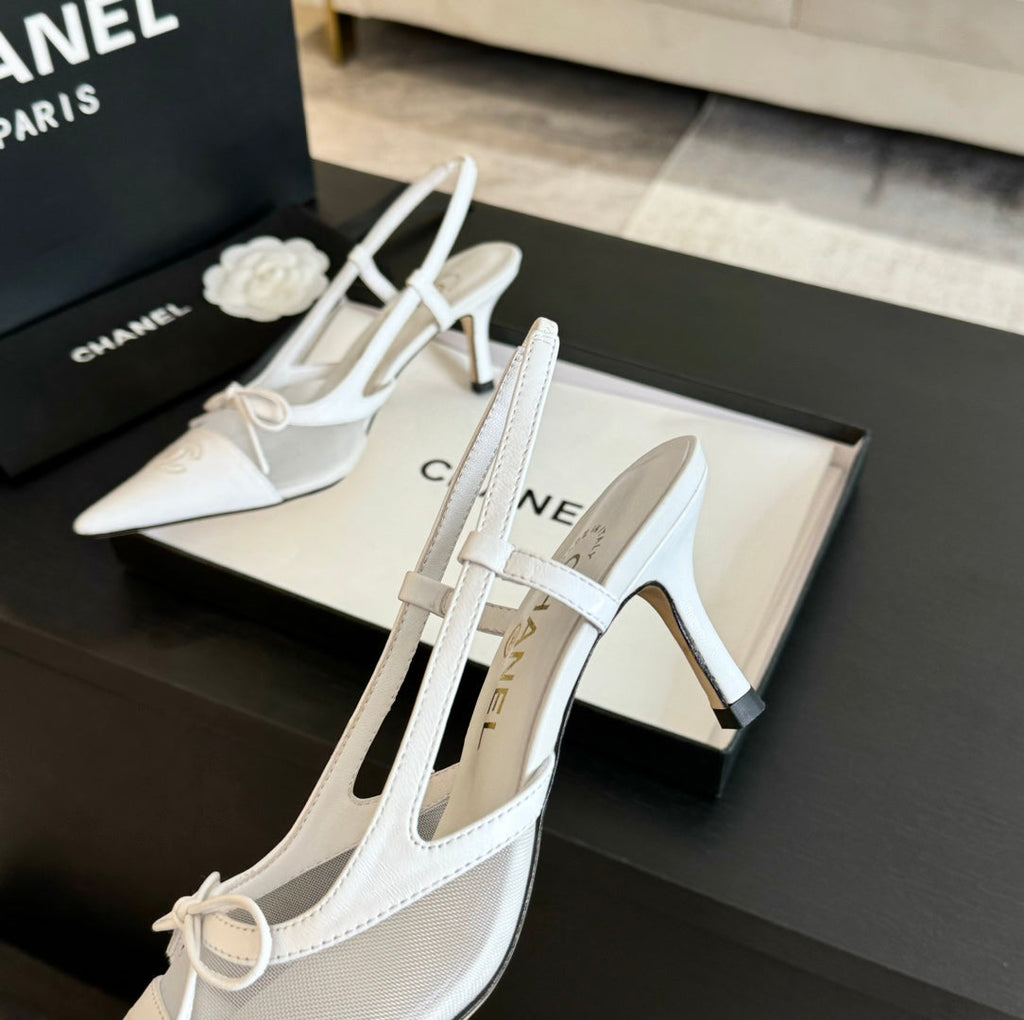 CHANEL MESH LOGO SLINGBACKS IN WHITE LAMBSKIN