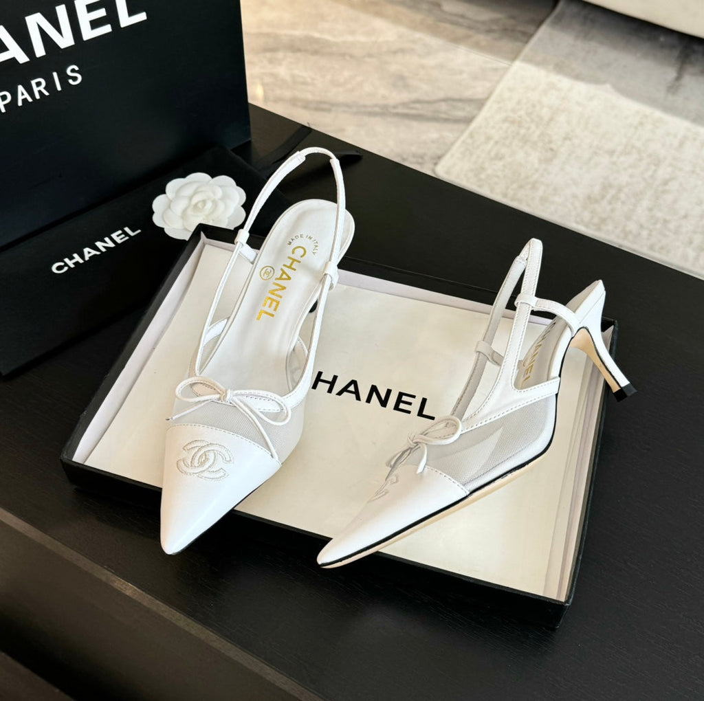 CHANEL MESH LOGO SLINGBACKS IN WHITE LAMBSKIN