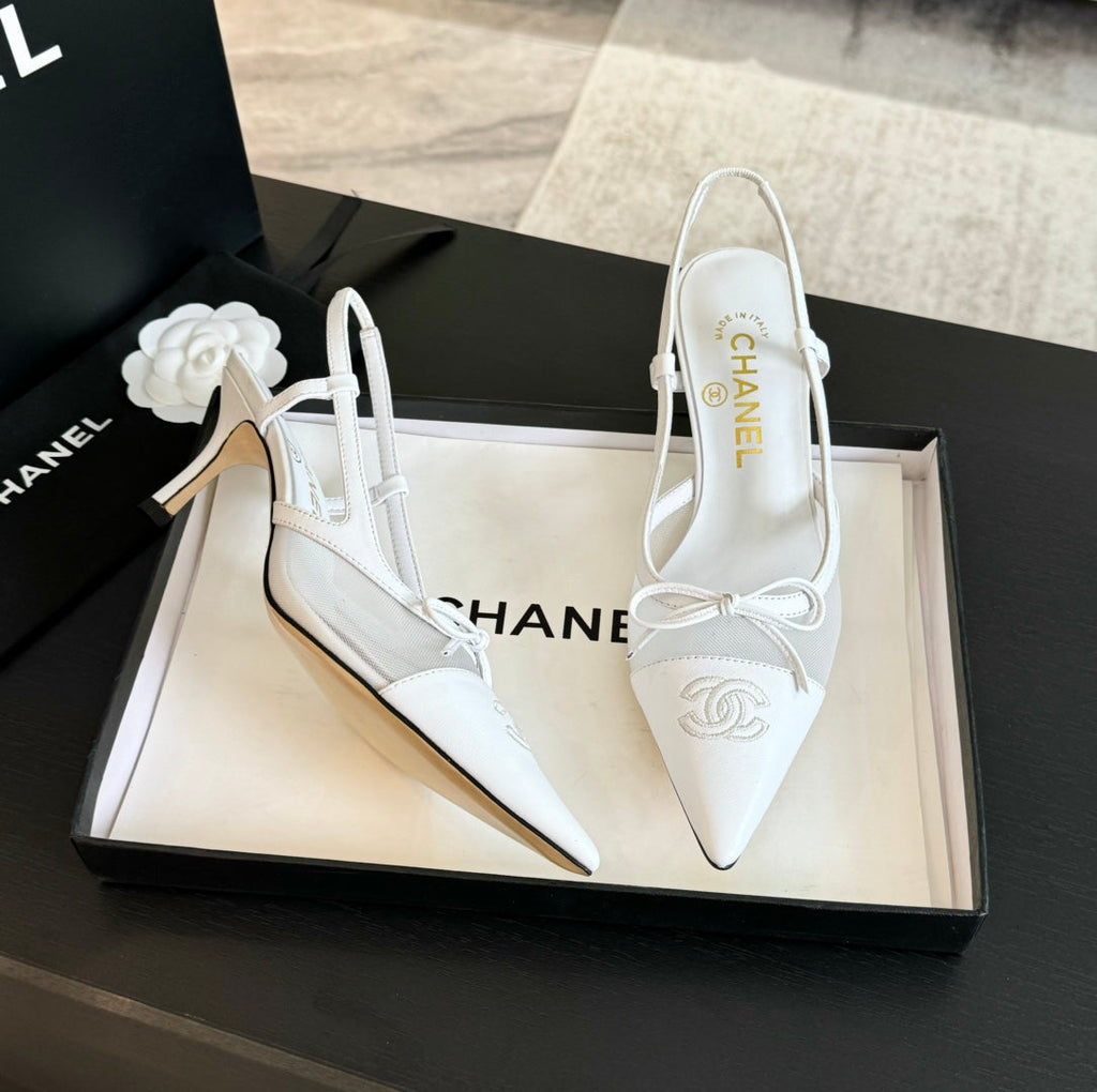 CHANEL MESH LOGO SLINGBACKS IN WHITE LAMBSKIN