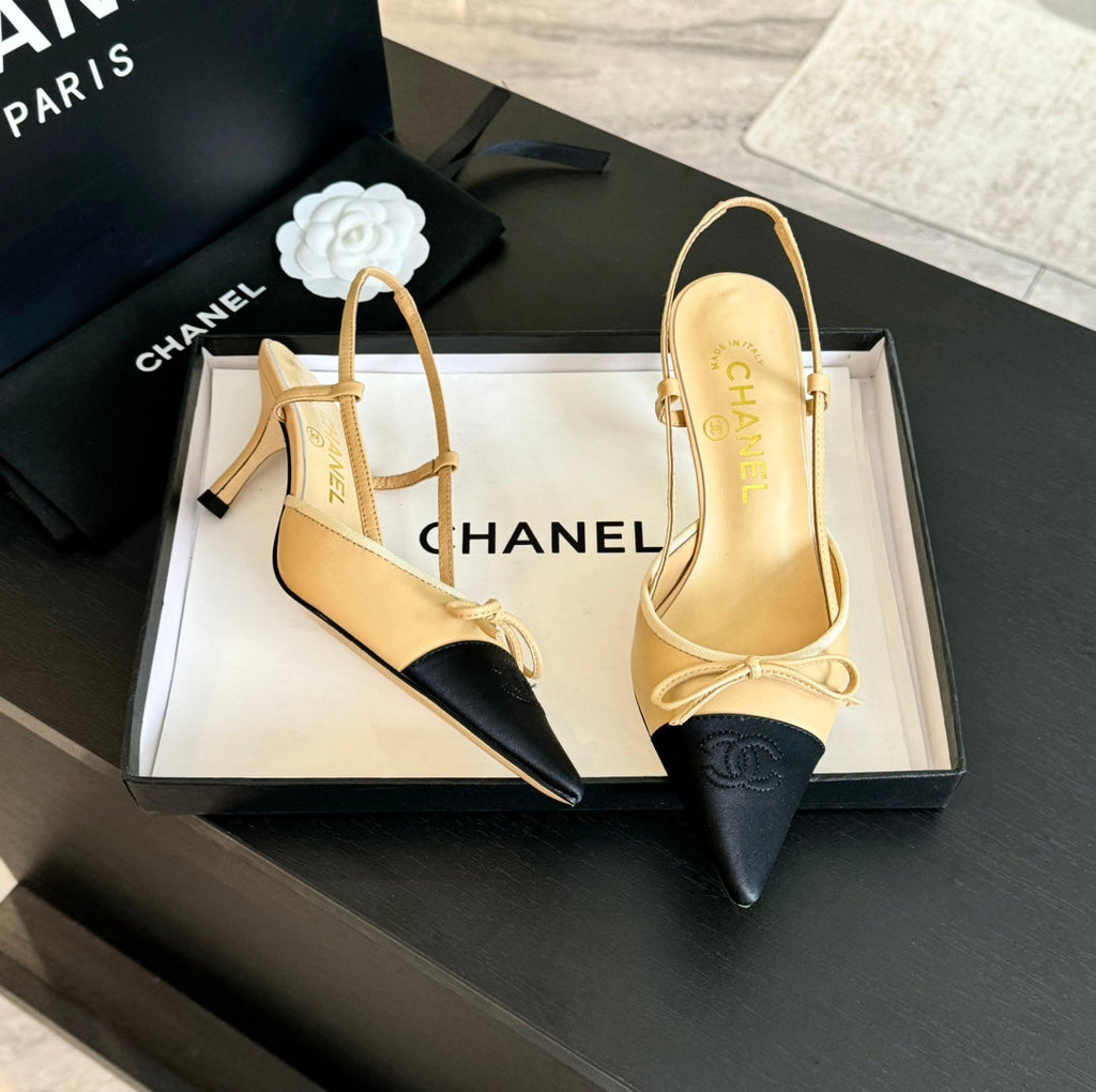 CHANEL SLINGBACK WITH BOW IN BEIGE CREAM MIX BLACK LAMBSKIN