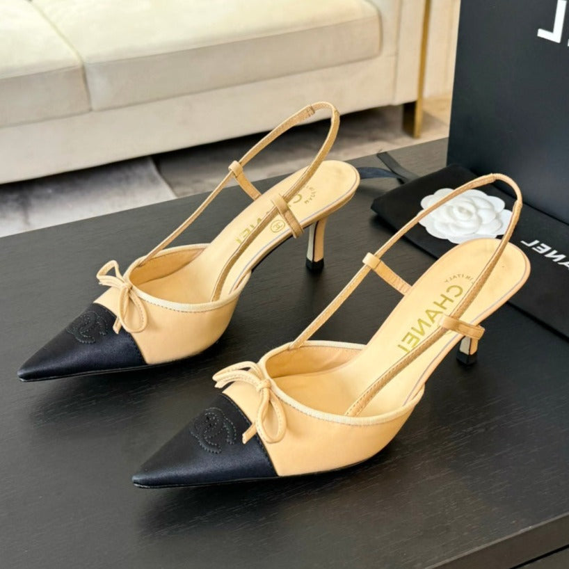 CHANEL SLINGBACK WITH BOW IN BEIGE CREAM MIX BLACK LAMBSKIN