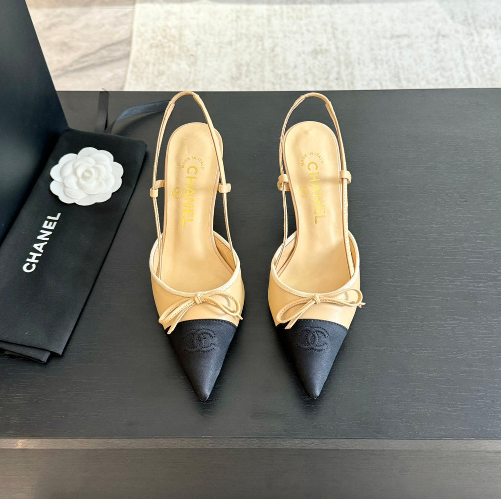 CHANEL SLINGBACK WITH BOW IN BEIGE CREAM MIX BLACK LAMBSKIN
