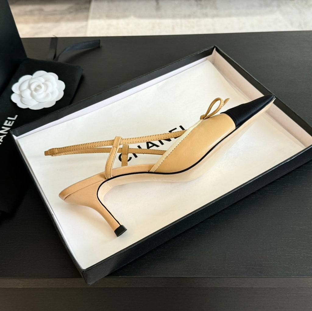 CHANEL SLINGBACK WITH BOW IN BEIGE CREAM MIX BLACK LAMBSKIN