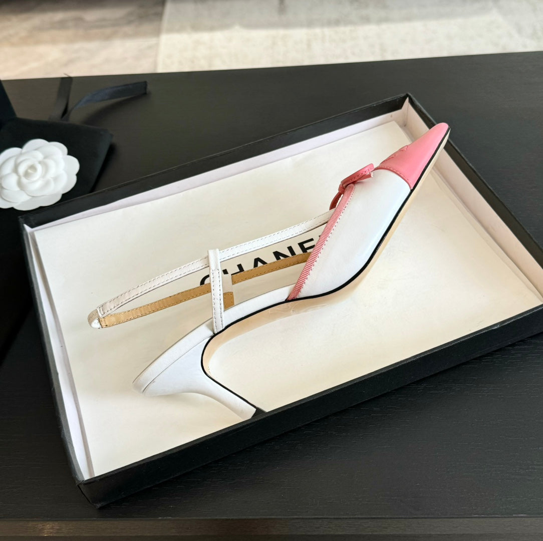 CHANEL SLINGBACK WITH BOW IN LIGHT PINK MIX WHITE LAMBSKIN