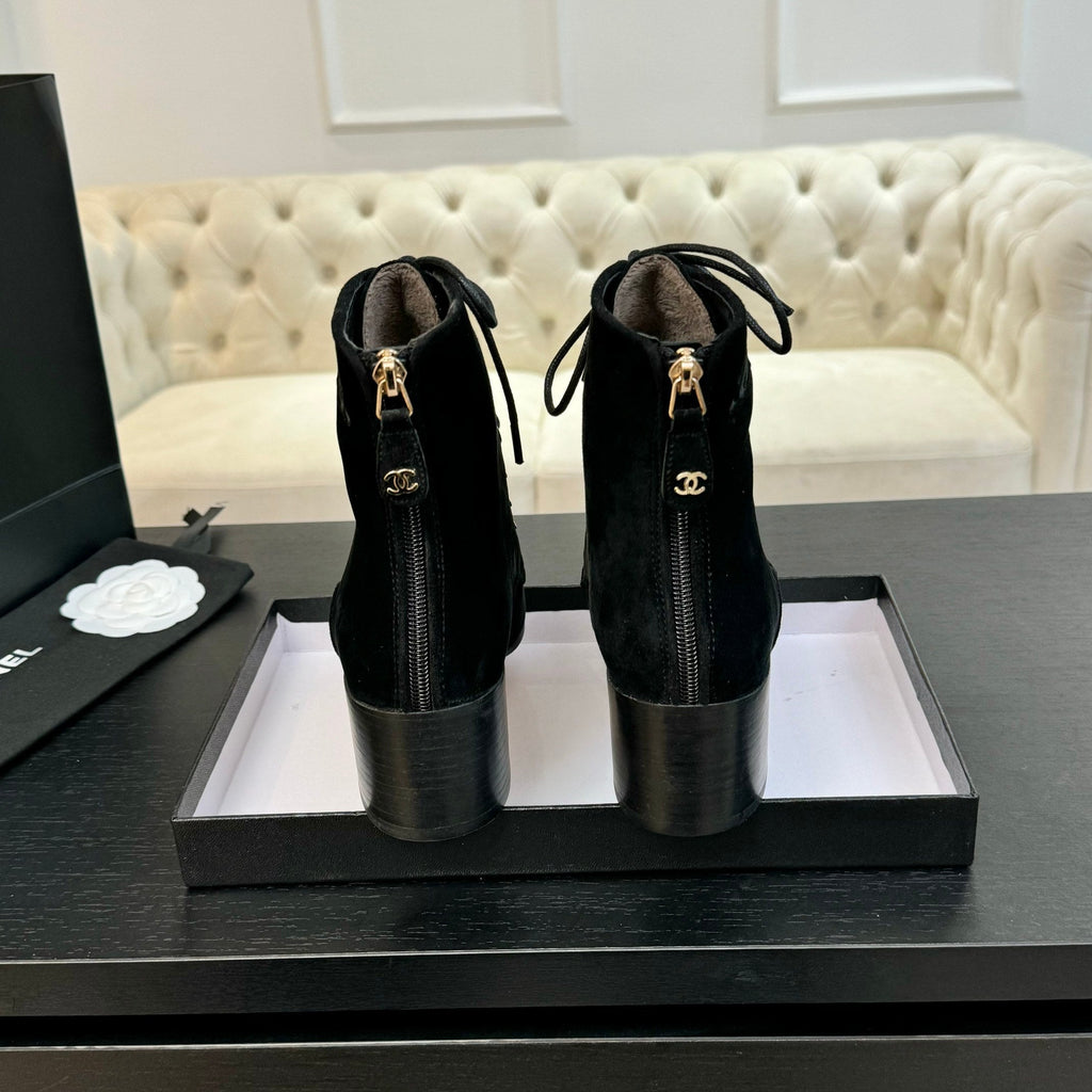 CHANEL LACE-UP SHORT BOOTS IN BLACK SUEDE