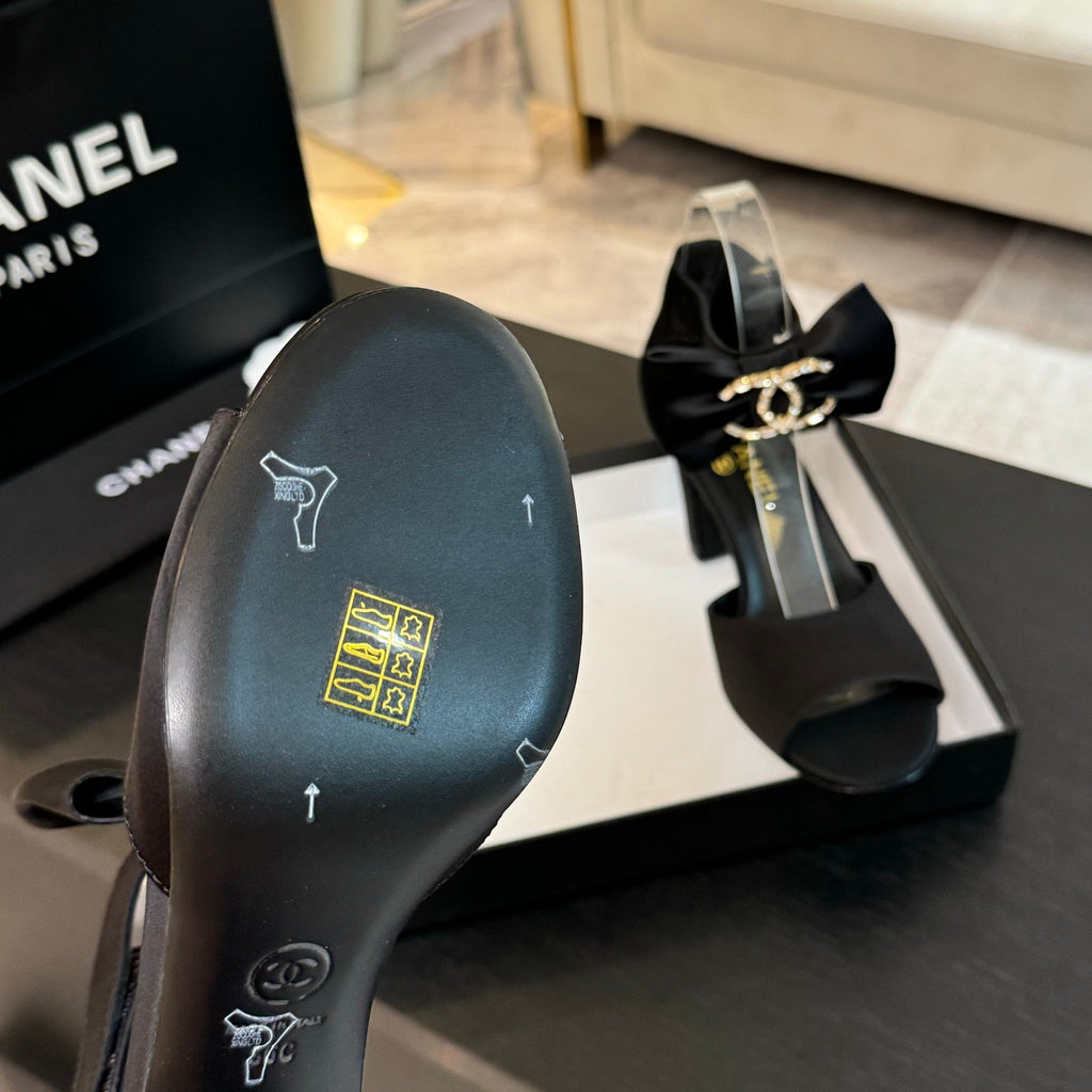 CHANEL HIGH SANDAL OPEN TOE IN BLACK SATIN