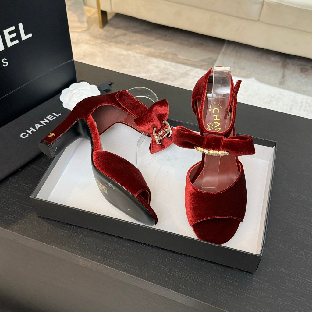 CHANEL HIGH SANDAL OPEN TOE IN MAROON RED VELVET