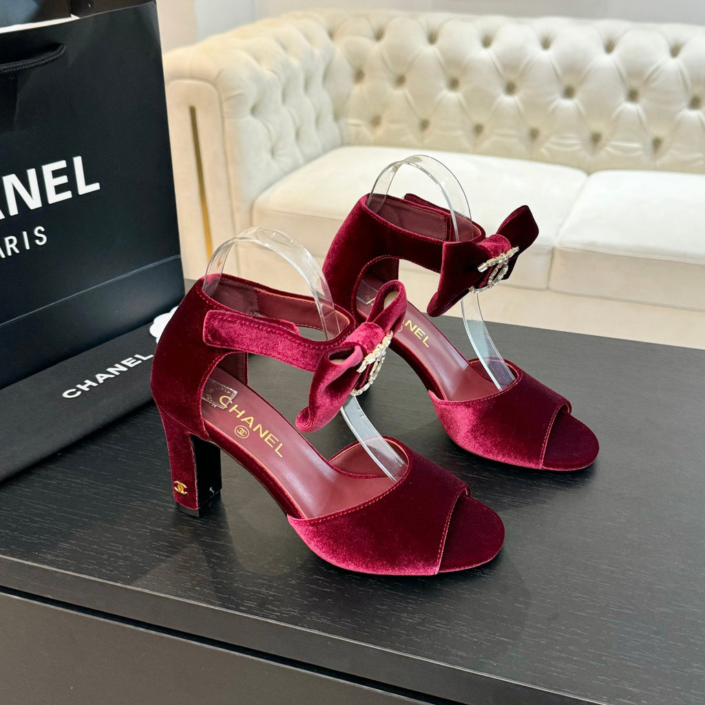 CHANEL HIGH SANDAL OPEN TOE IN MAROON RED VELVET