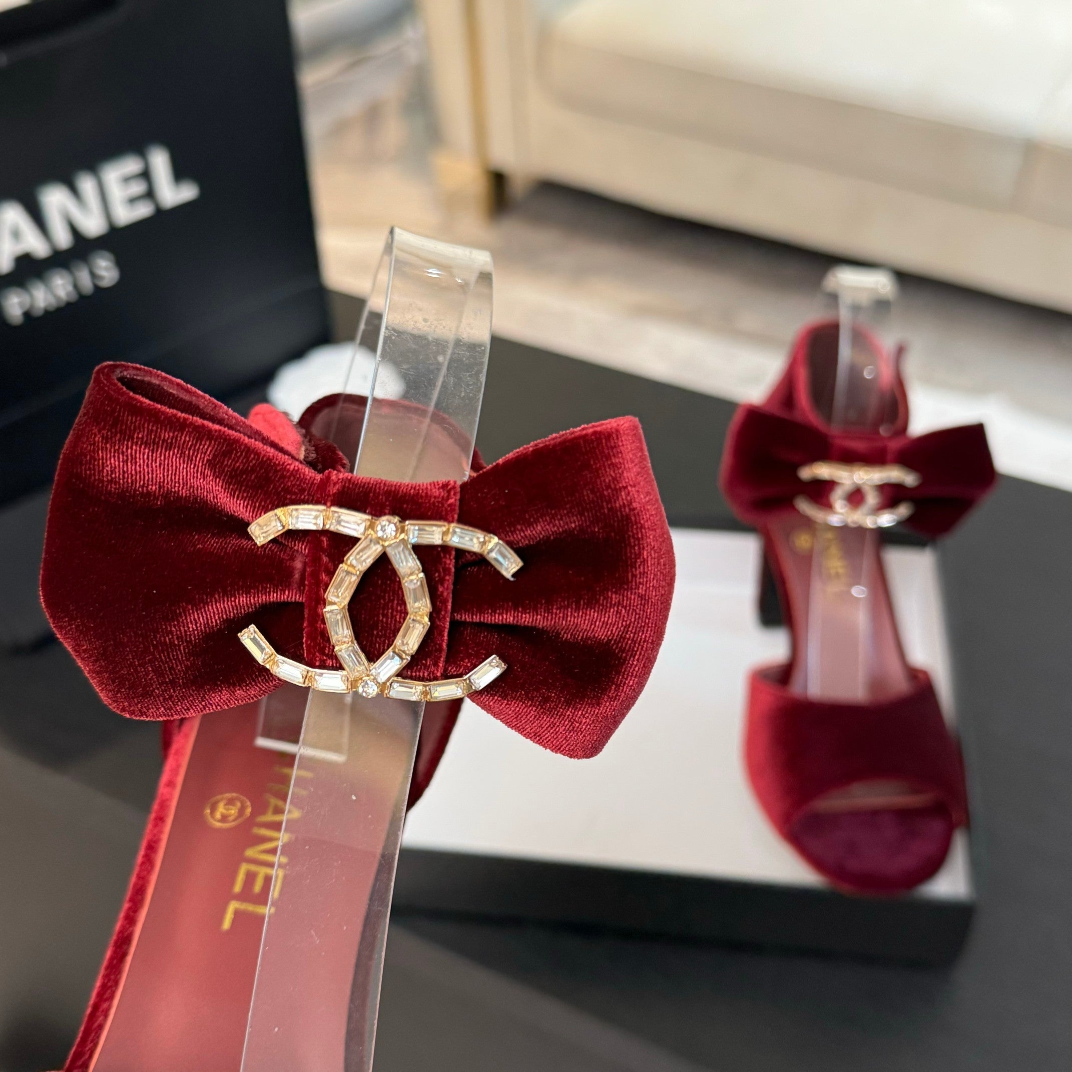 CHANEL HIGH SANDAL OPEN TOE IN MAROON RED VELVET