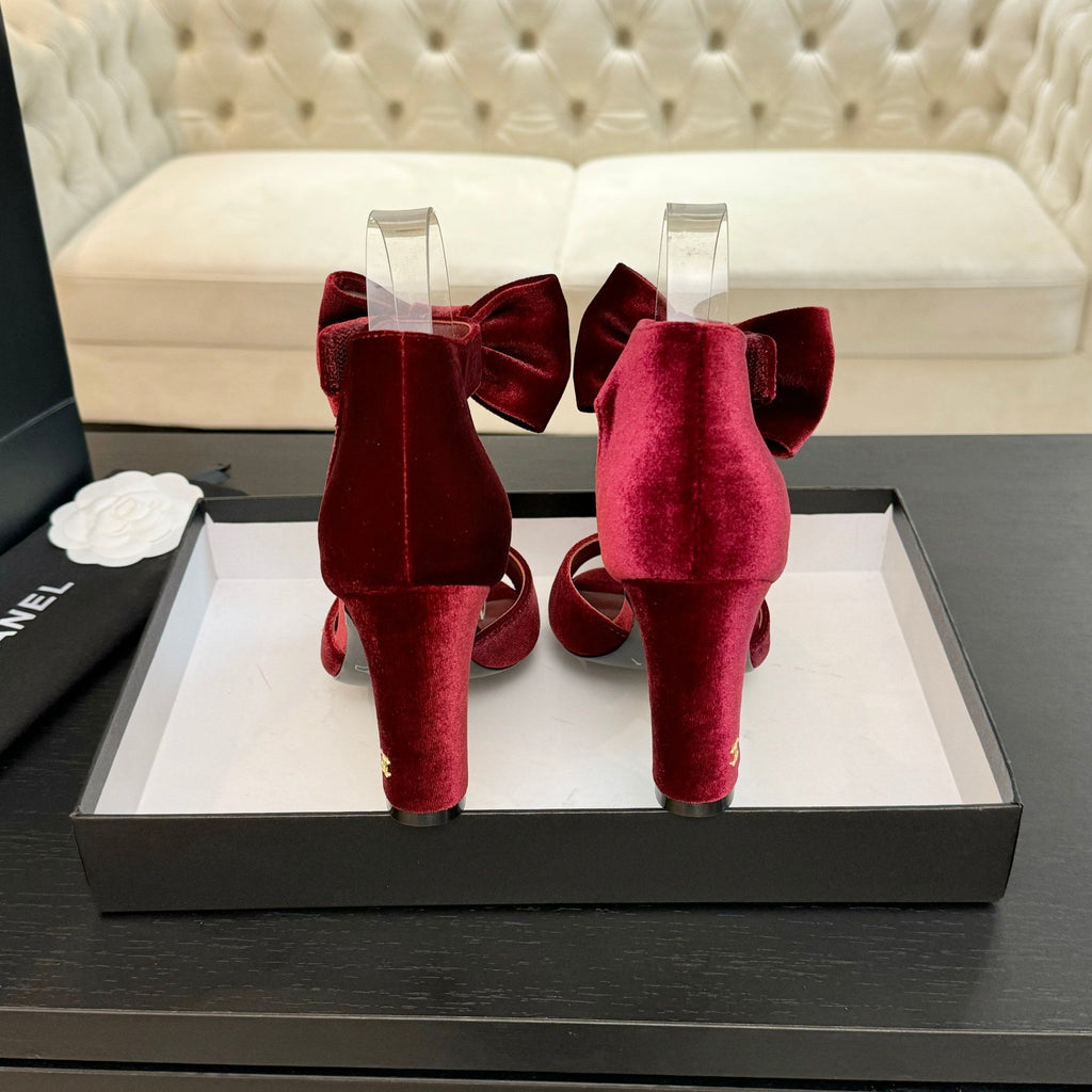 CHANEL HIGH SANDAL OPEN TOE IN MAROON RED VELVET