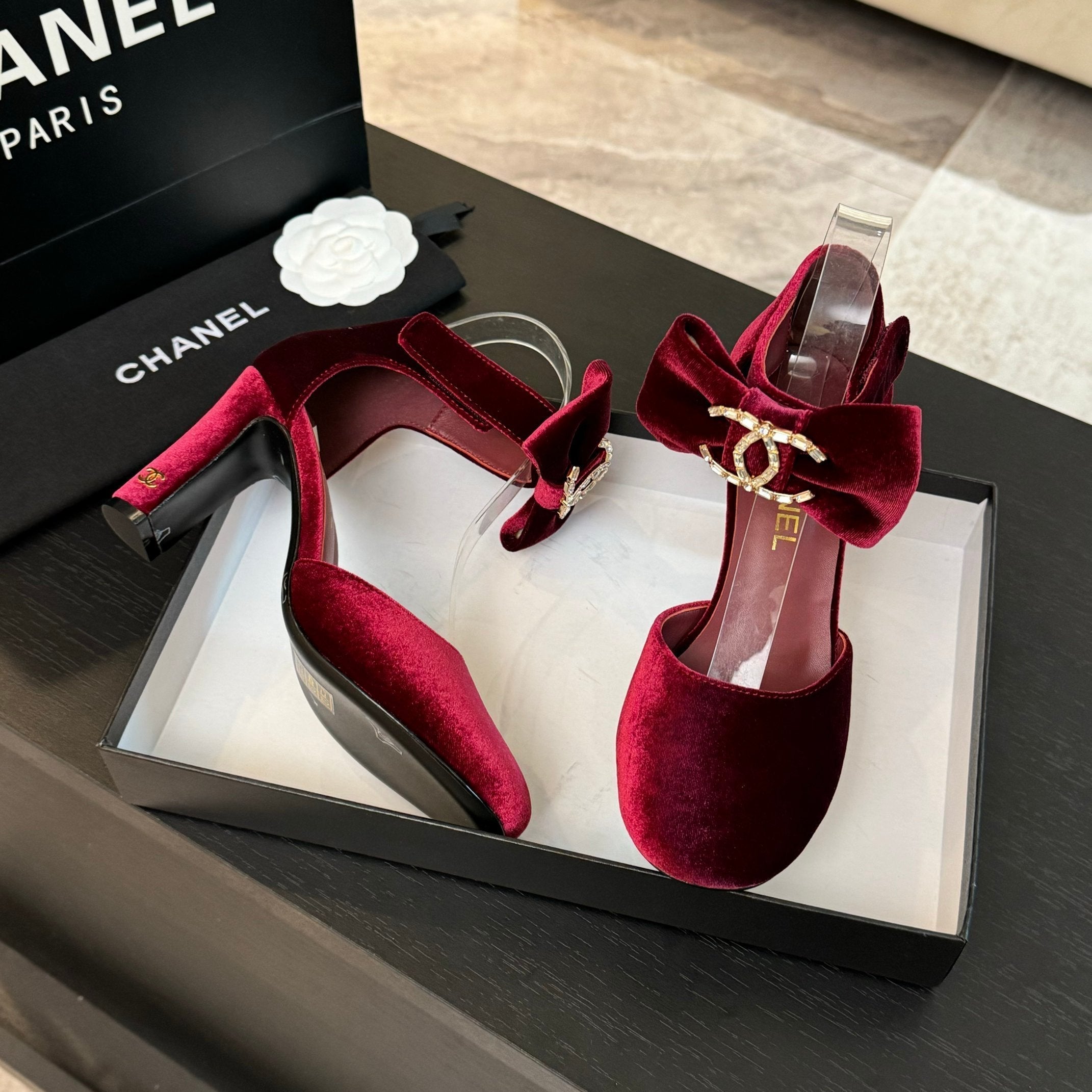 CHANEL HIGH MARRY JANE IN CHERRY RED VELVET