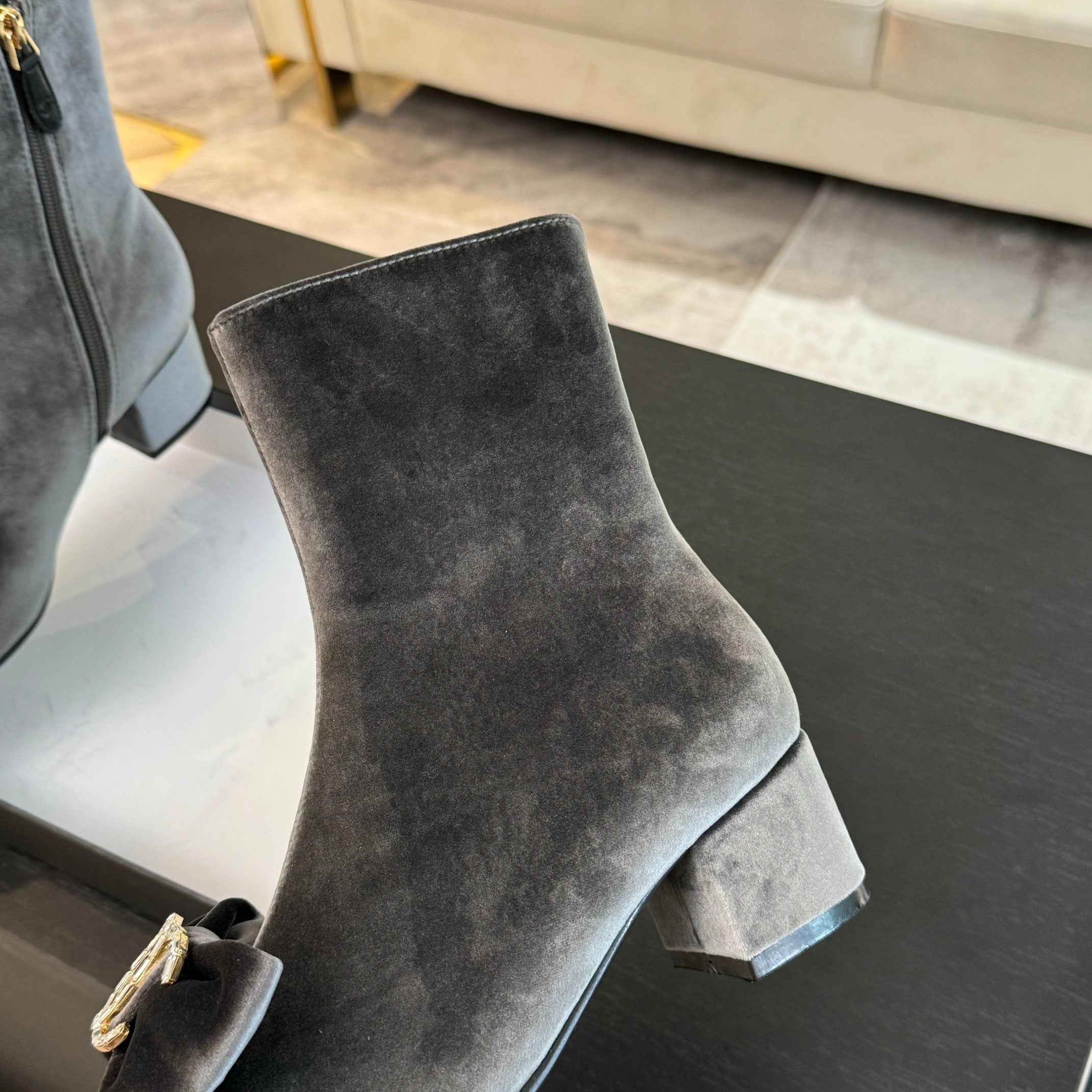 CHANEL SHORT BOOTS IN DOLPHIN GRAY VELVET AND BLACK LAMBSKIN