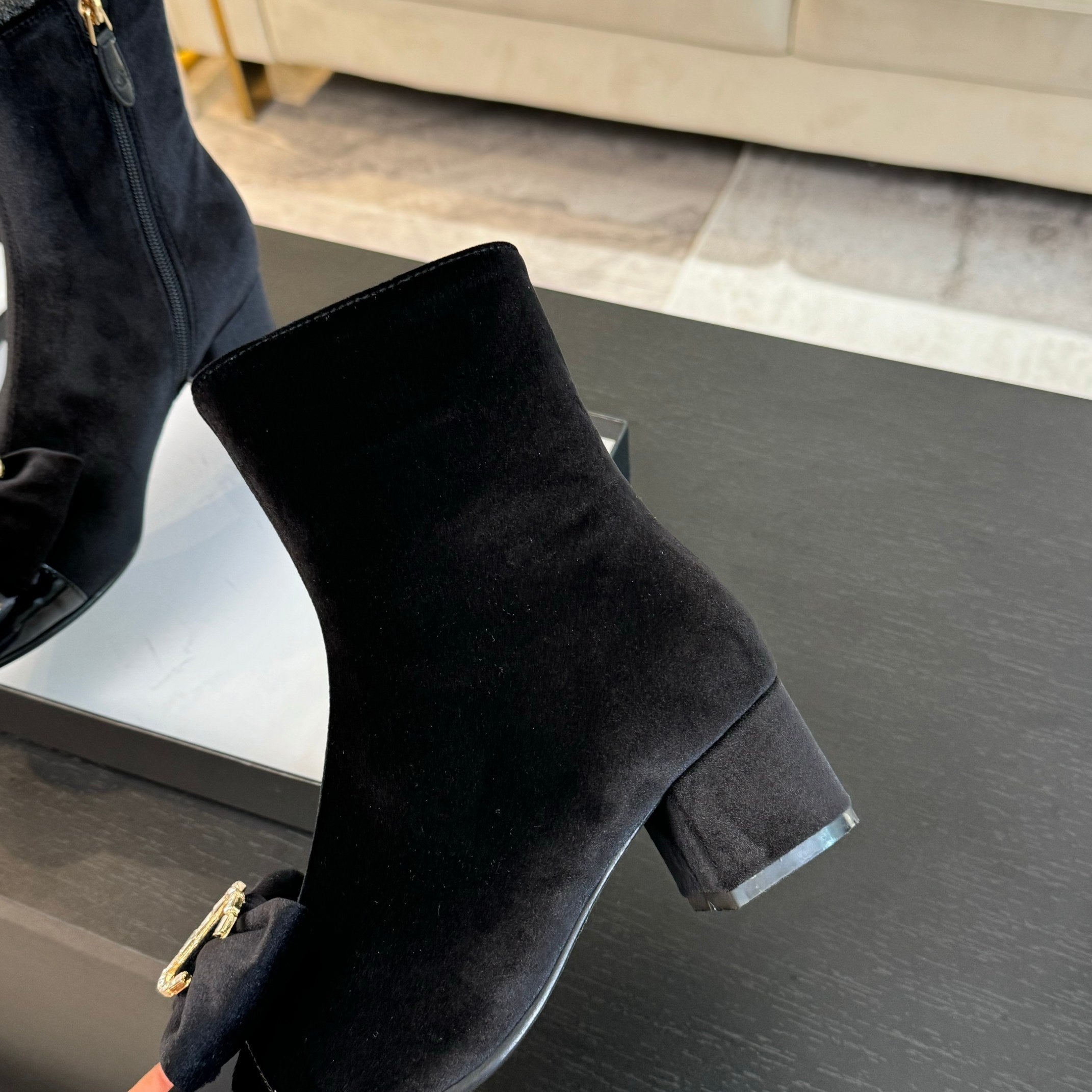 CHANEL SHORT BOOTS IN BLACK VELVET AND LAMBSKIN