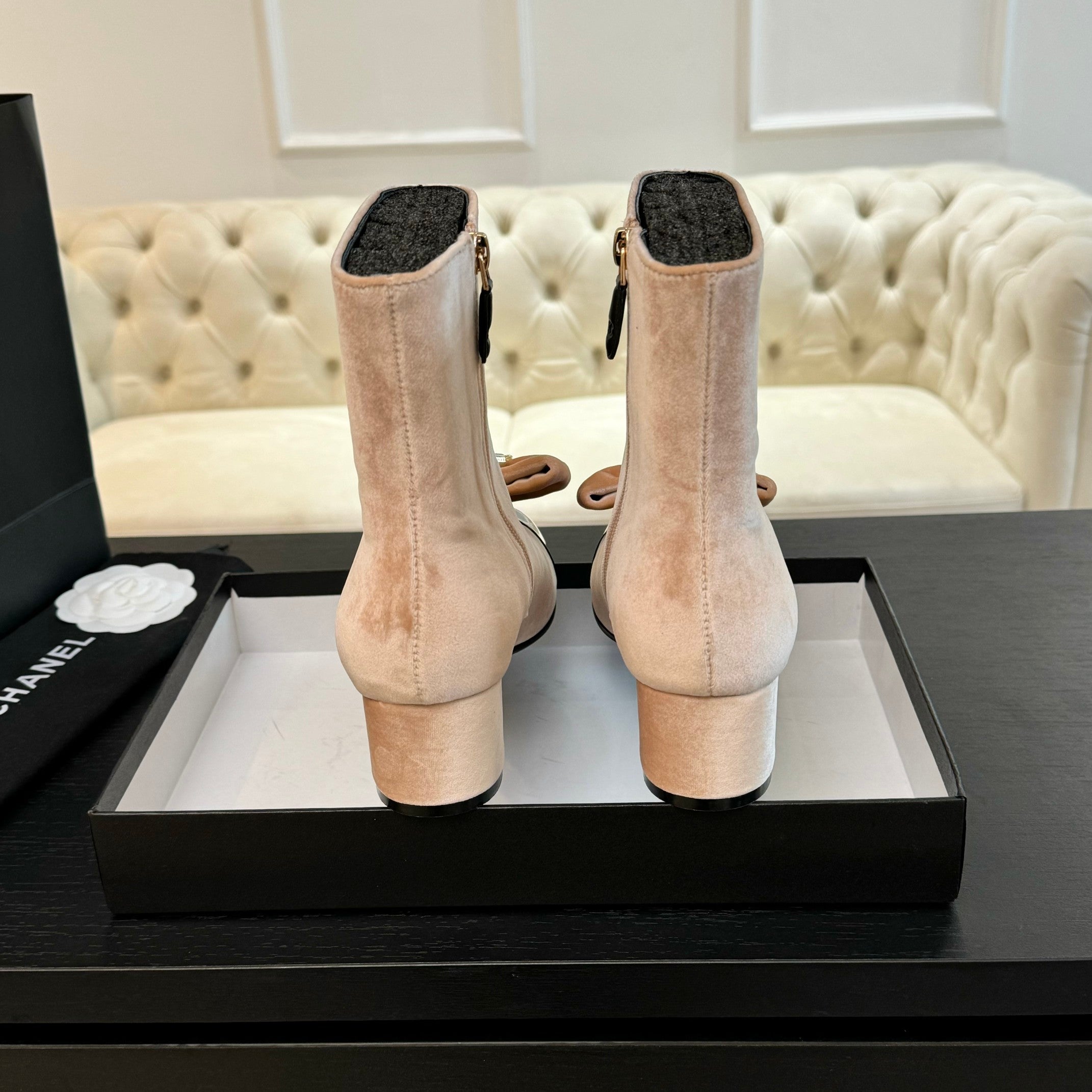 CHANEL SHORT BOOTS IN PEACH PINK VELVET AND BLACK LAMBSKIN