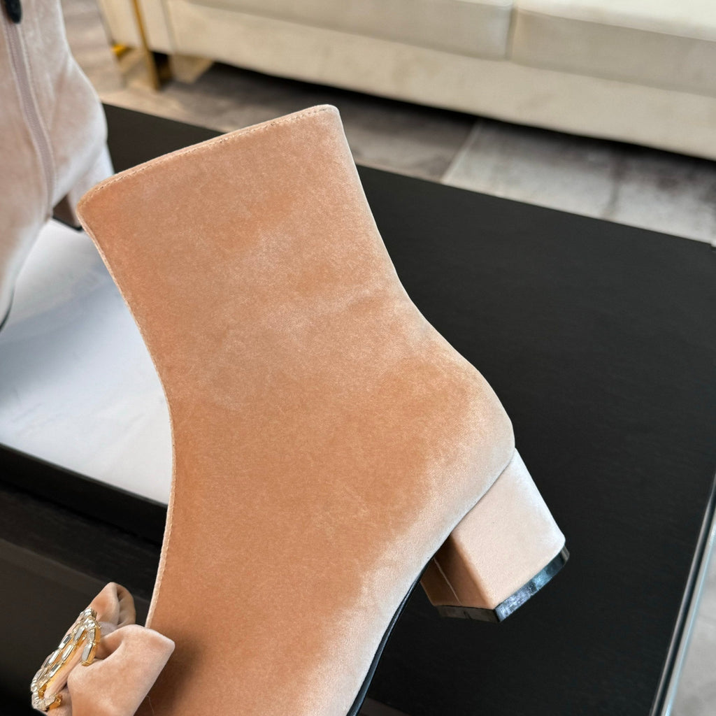 CHANEL SHORT BOOTS IN PEACH PINK VELVET AND BLACK LAMBSKIN