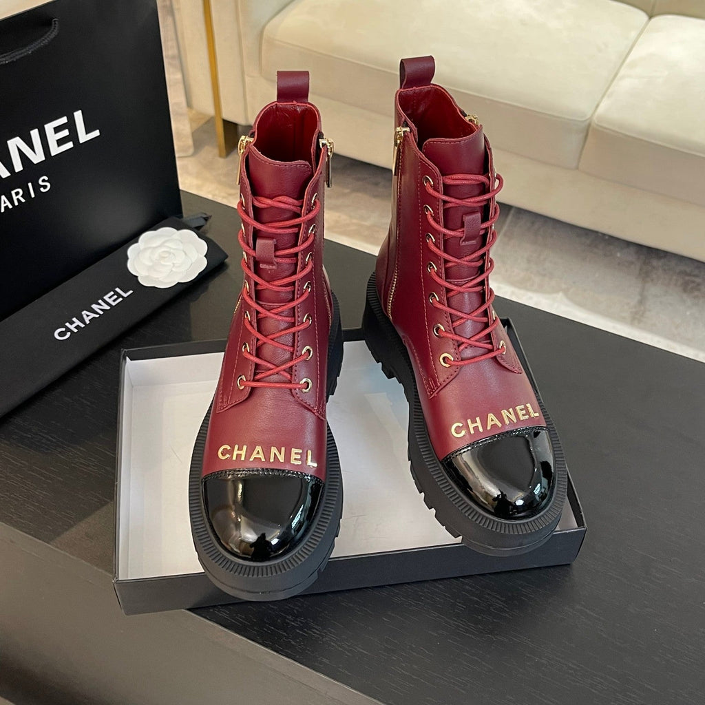 CHANEL ANKLE BOOTS IN BLACK MIX GARNET RED LAMBSKIN