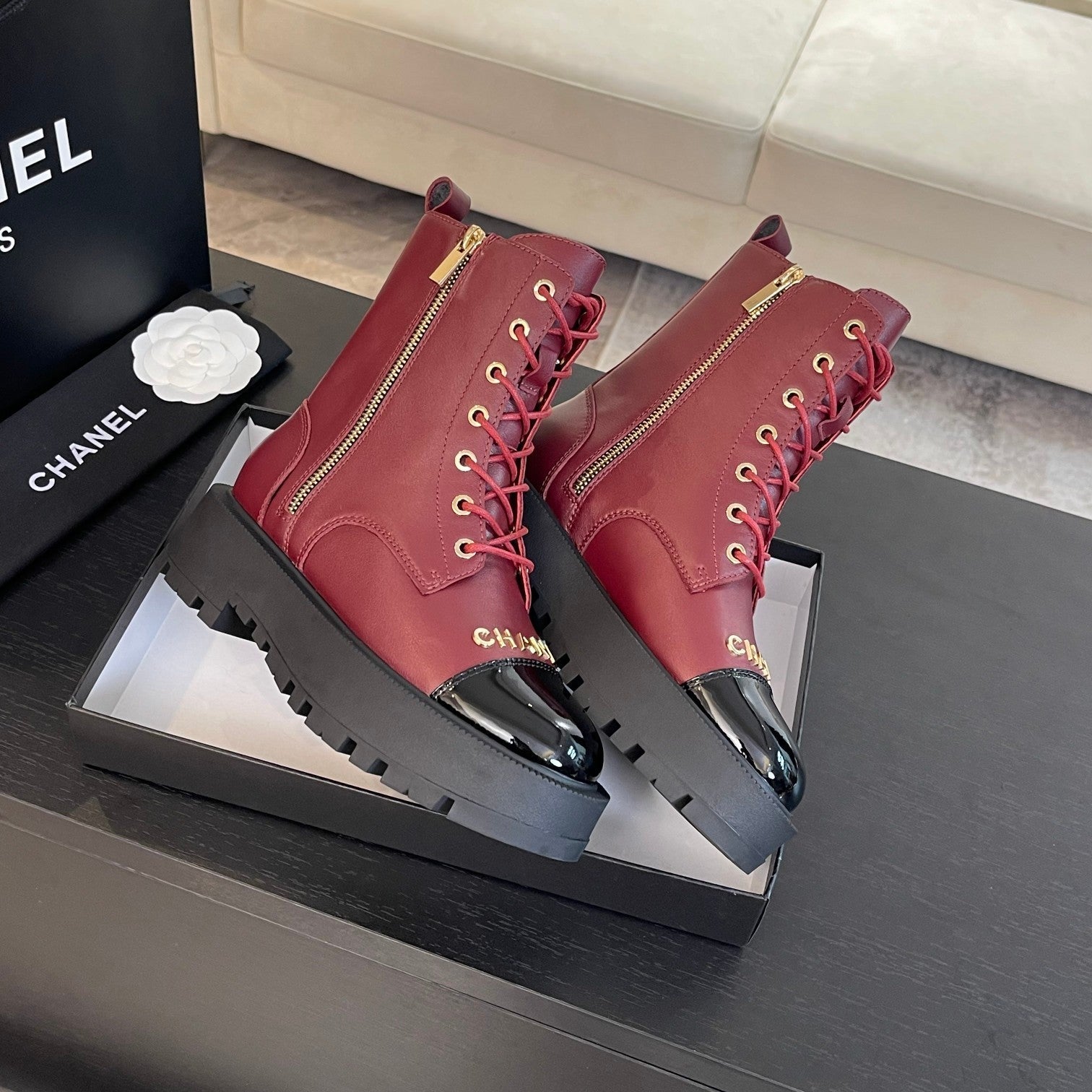 CHANEL ANKLE BOOTS IN BLACK MIX GARNET RED LAMBSKIN