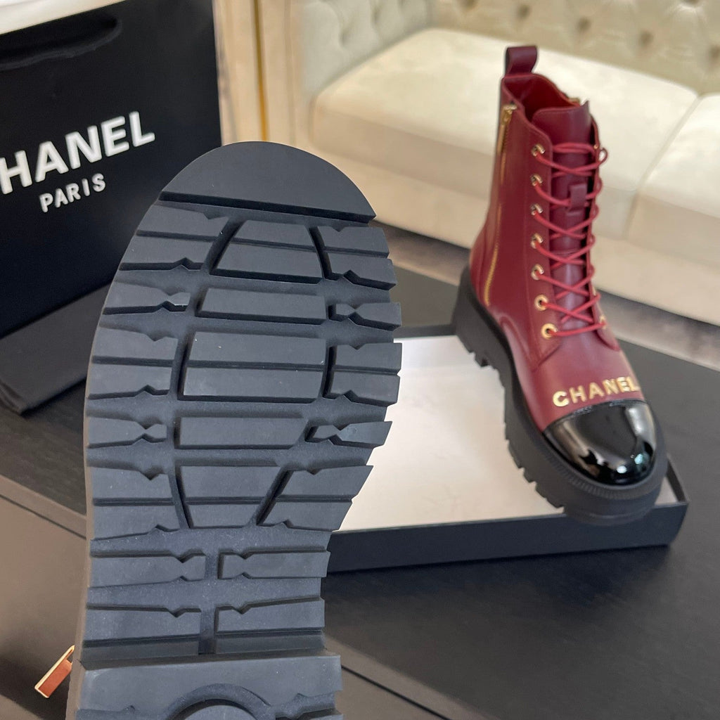 CHANEL ANKLE BOOTS IN BLACK MIX GARNET RED LAMBSKIN