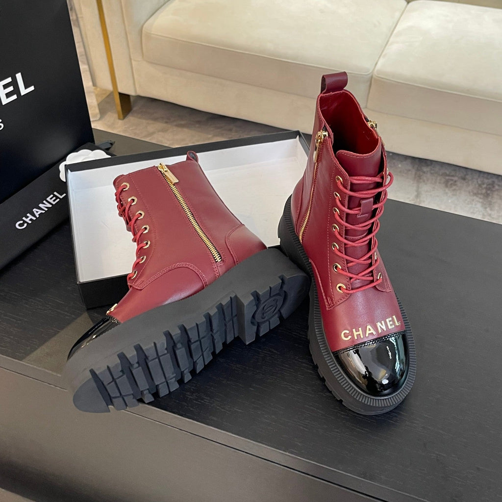 CHANEL ANKLE BOOTS IN BLACK MIX GARNET RED LAMBSKIN