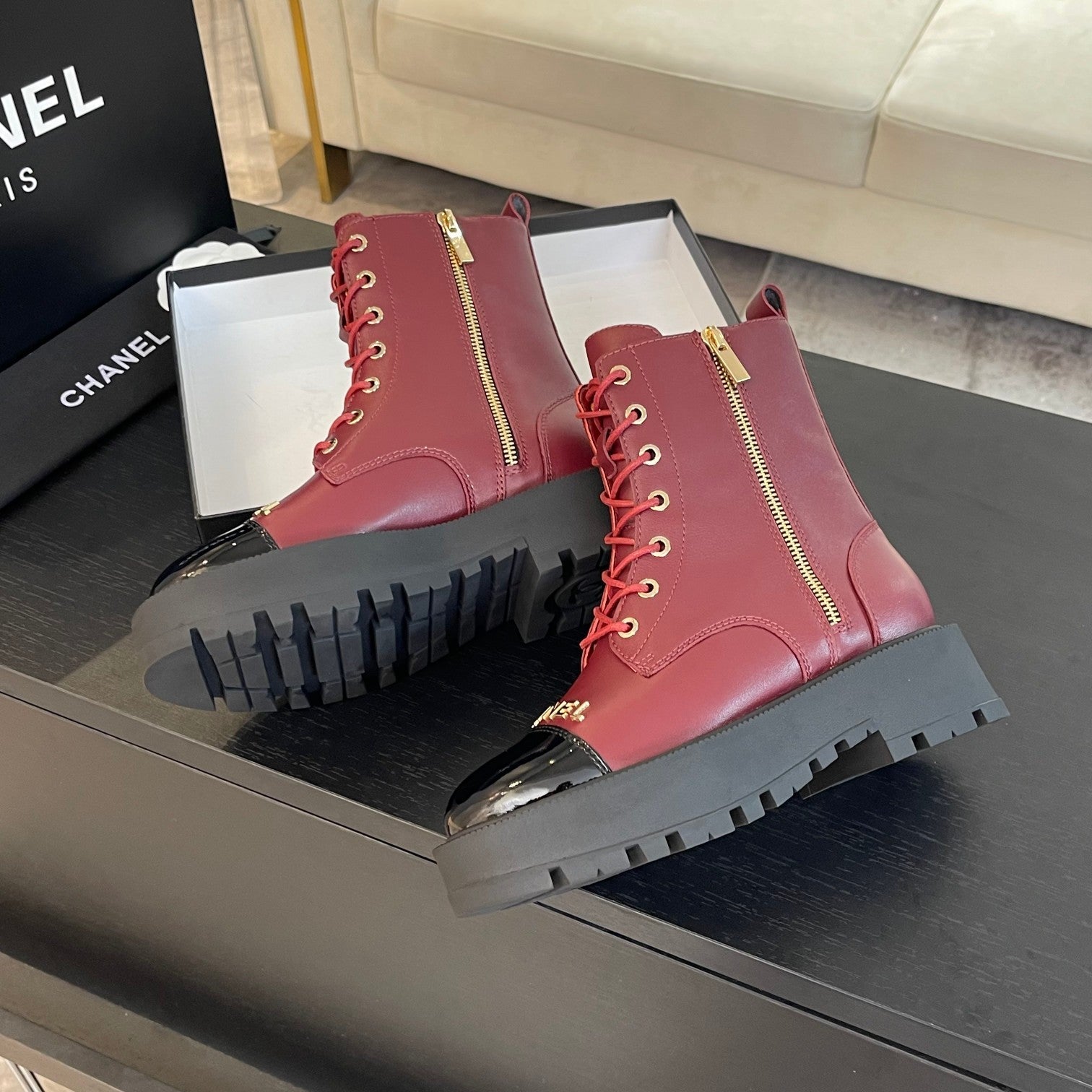 CHANEL ANKLE BOOTS IN BLACK MIX GARNET RED LAMBSKIN