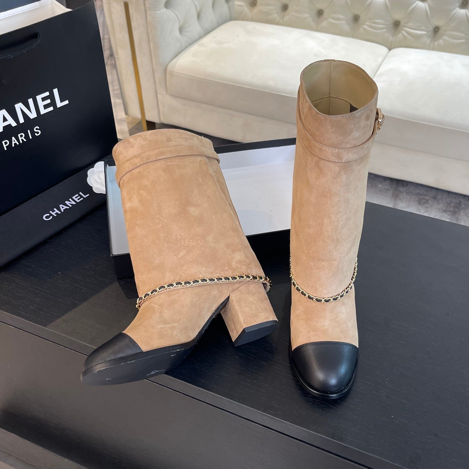 CHANEL SHORT BOOTS 6.5 CM IN CIDER BROWN SUEDE AND BLACK CALFSKIN