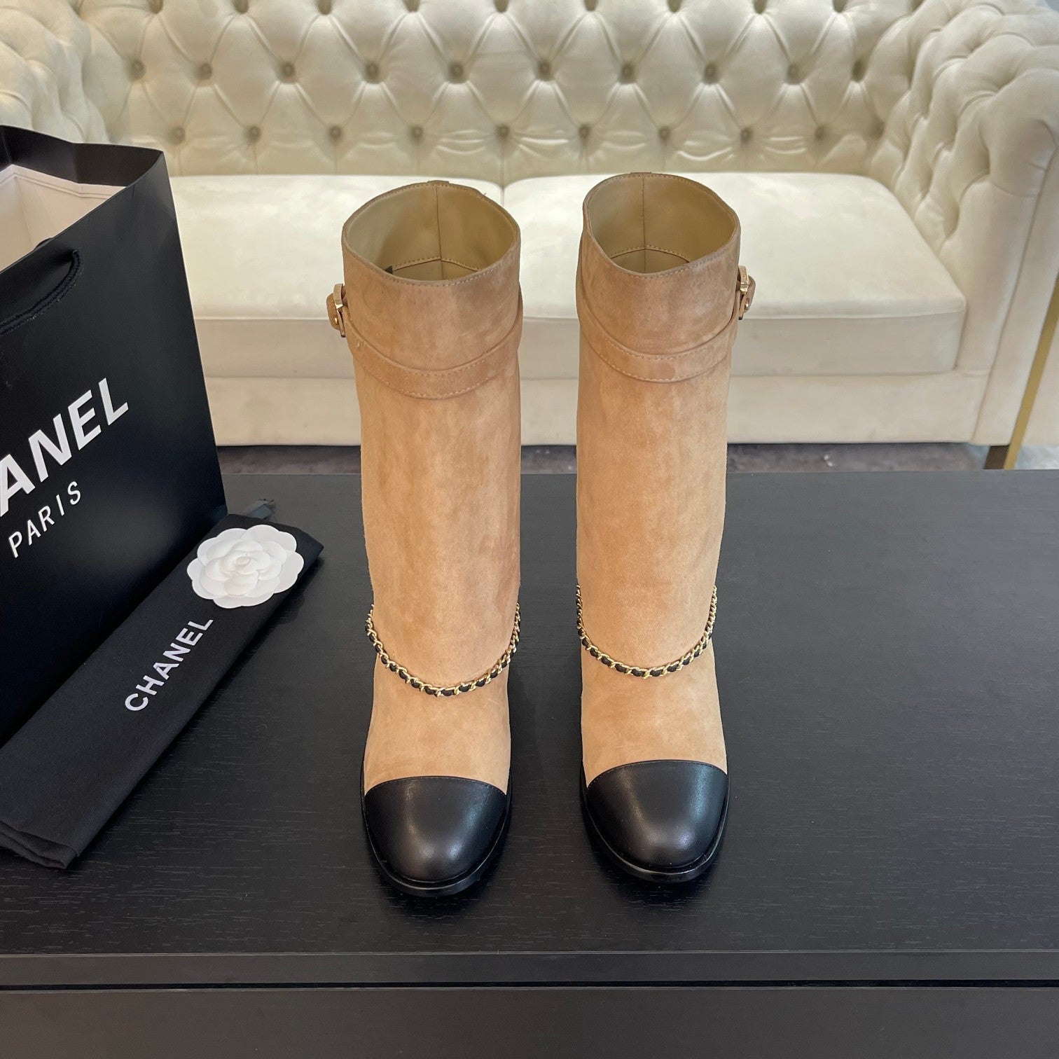 CHANEL SHORT BOOTS 6.5 CM IN CIDER BROWN SUEDE AND BLACK CALFSKIN