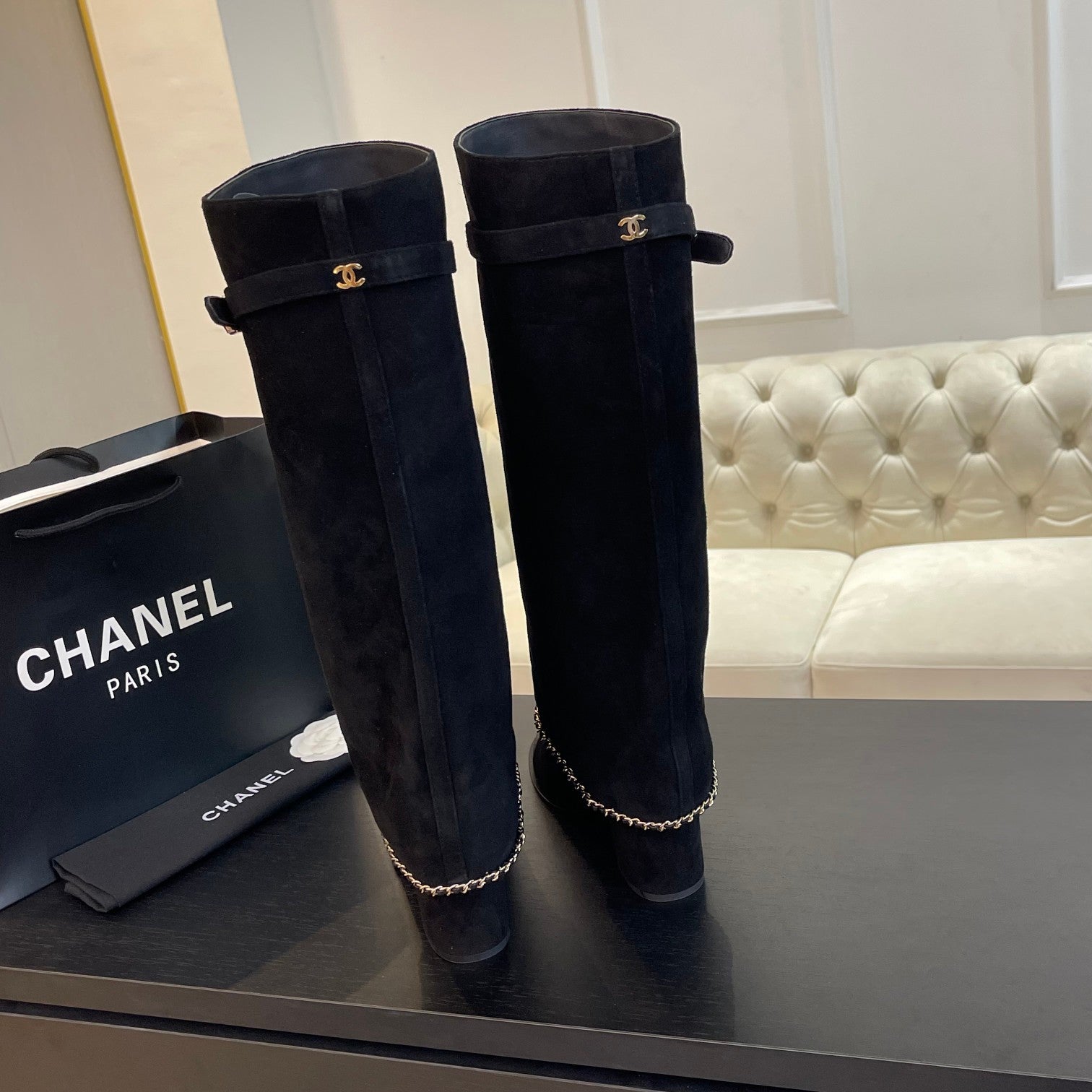 CHANEL HIGH BOOTS 6.5 CM IN BLACK SUEDE AND CALFSKIN