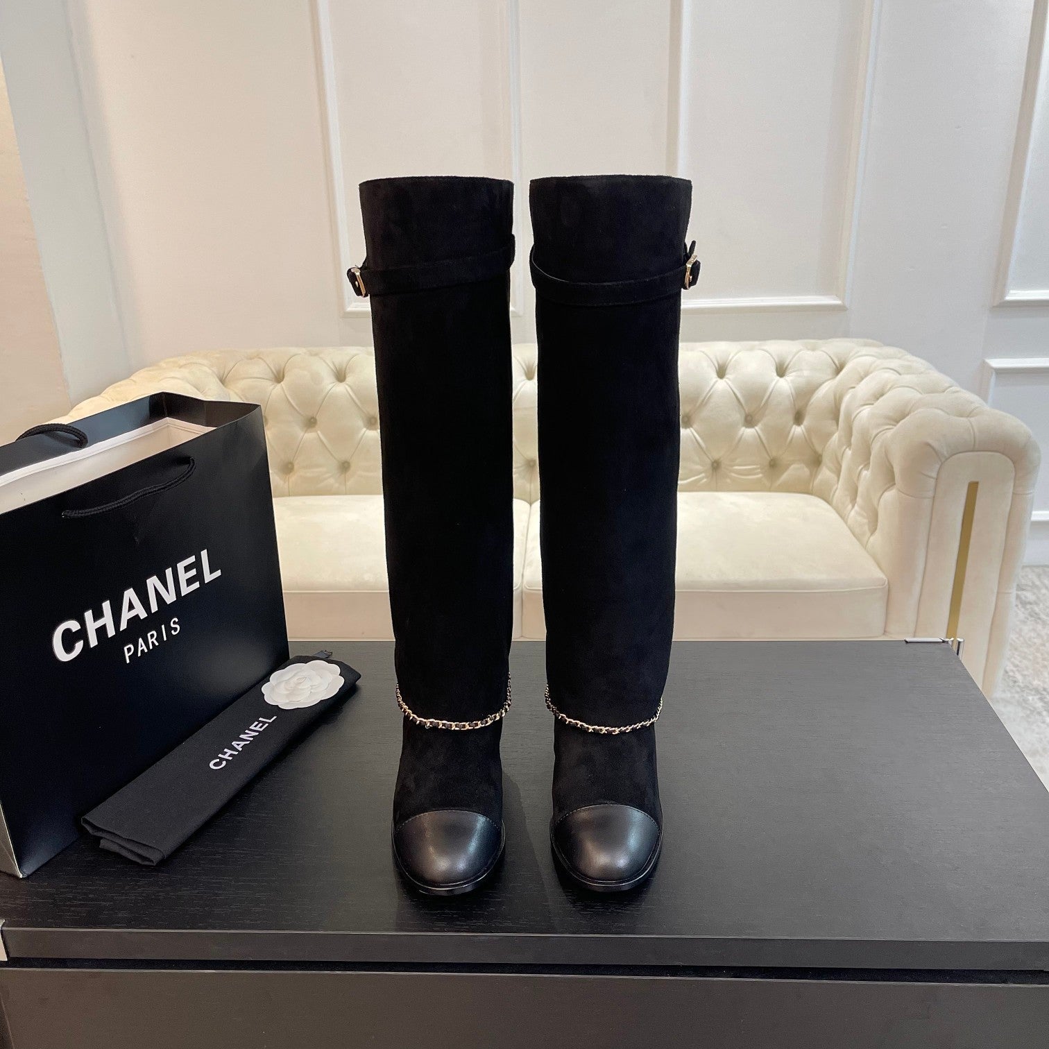 CHANEL HIGH BOOTS 6.5 CM IN BLACK SUEDE AND CALFSKIN