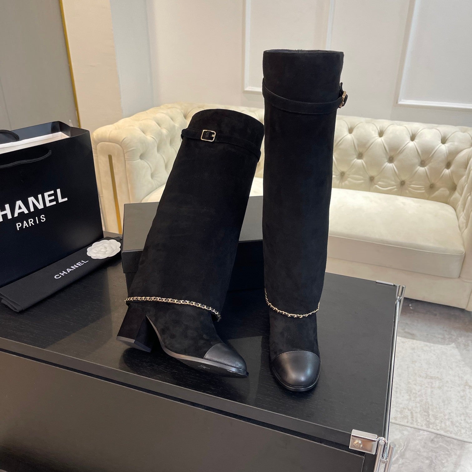 CHANEL HIGH BOOTS 6.5 CM IN BLACK SUEDE AND CALFSKIN