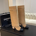 CHANEL HIGH BOOTS 6.5 CM IN CIDER BROWN SUEDE AND BLACK CALFSKIN