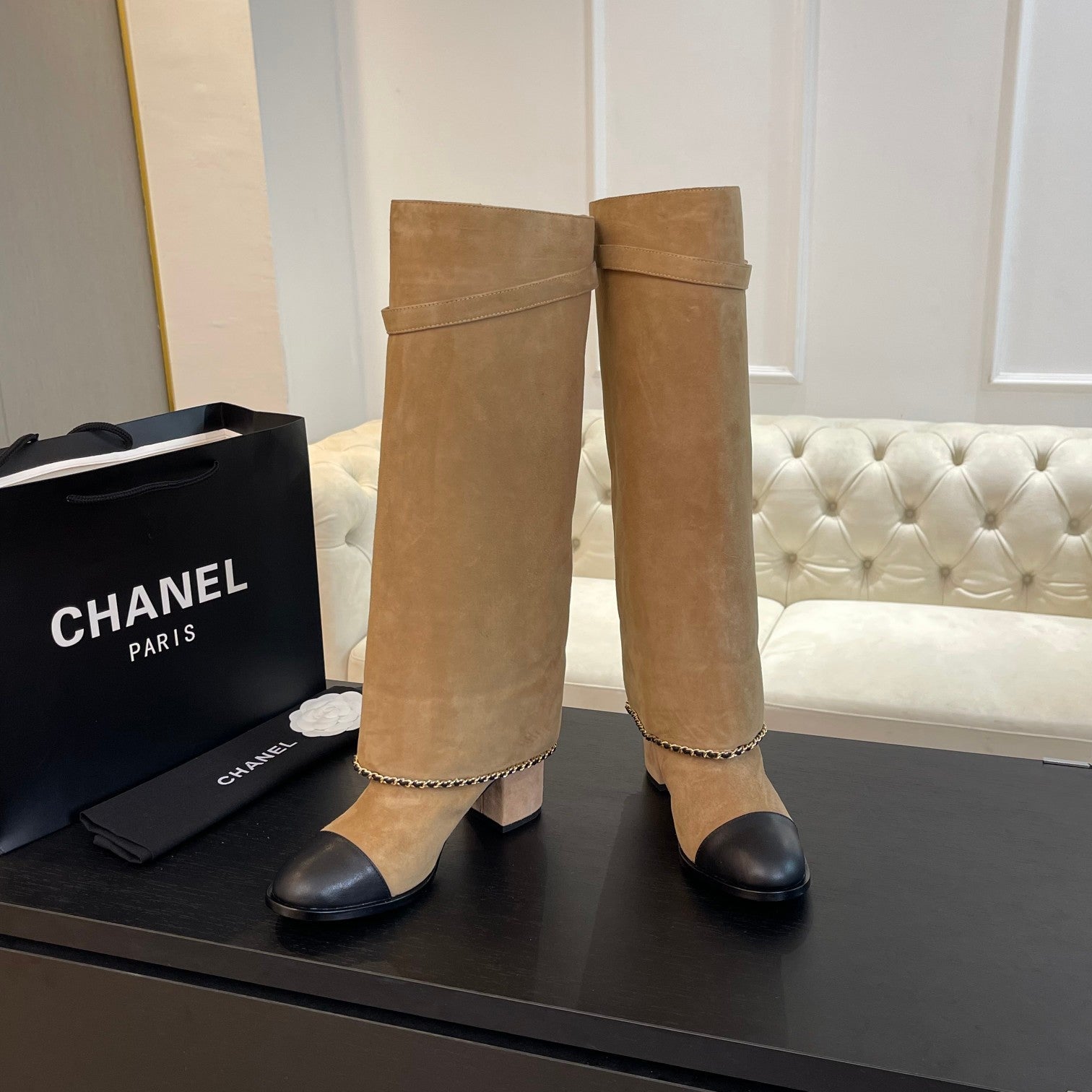 CHANEL HIGH BOOTS 6.5 CM IN CIDER BROWN SUEDE AND BLACK CALFSKIN