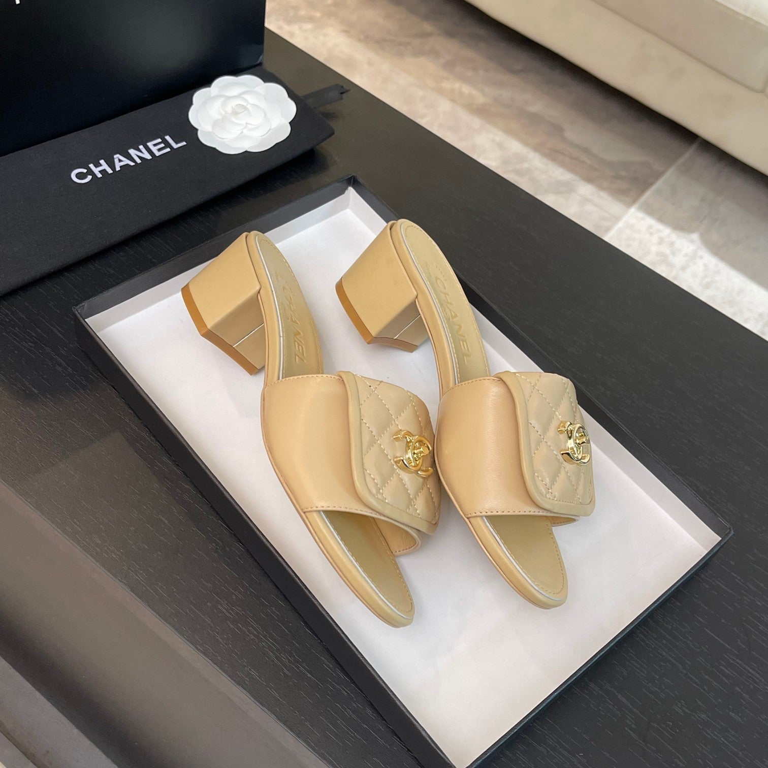 CHANEL MID-HEEL 5 CM MULE IN TUSCAN BEIGE LAMBSKIN