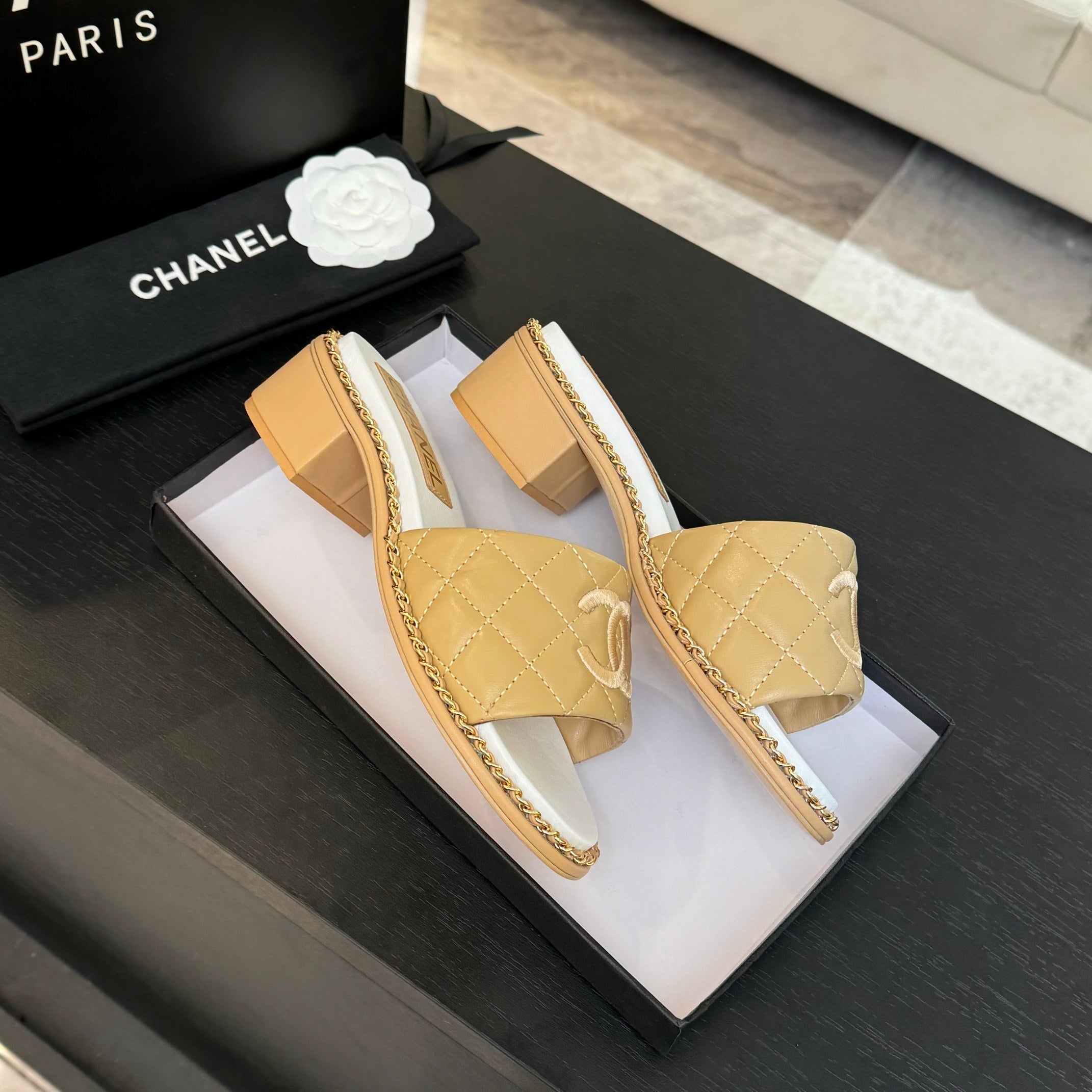 CHANEL HIGH FLATFORM SLIPPER IN DIJON YELLOW EMBOSSED SHEEPSKIN