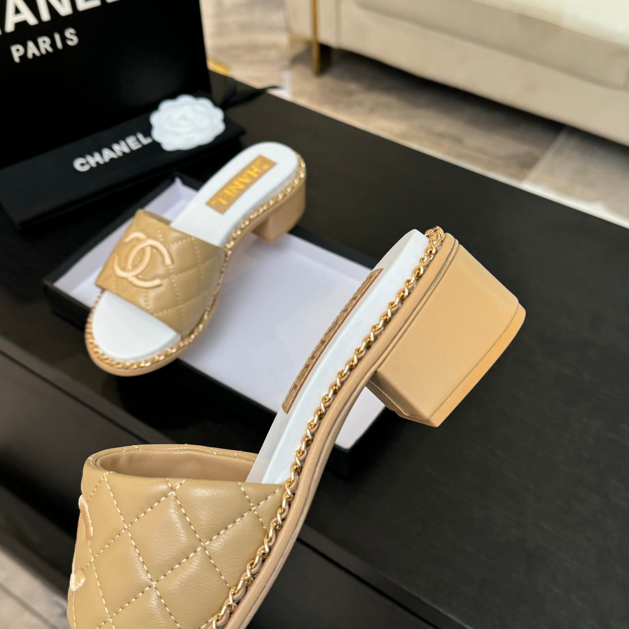 CHANEL HIGH FLATFORM SLIPPER IN DIJON YELLOW EMBOSSED SHEEPSKIN