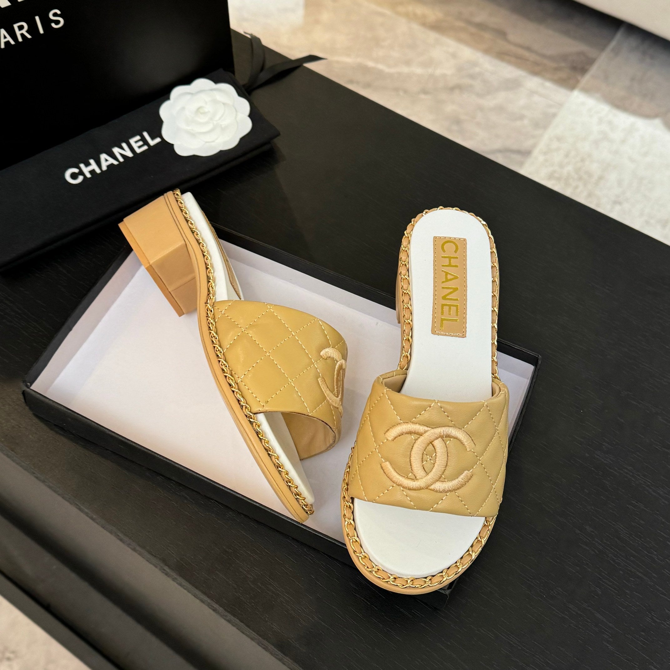 CHANEL HIGH FLATFORM SLIPPER IN DIJON YELLOW EMBOSSED SHEEPSKIN