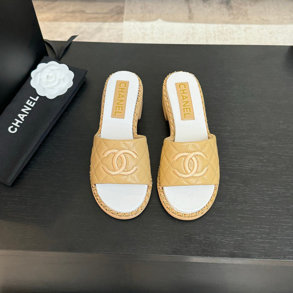 CHANEL HIGH FLATFORM SLIPPER IN DIJON YELLOW EMBOSSED SHEEPSKIN