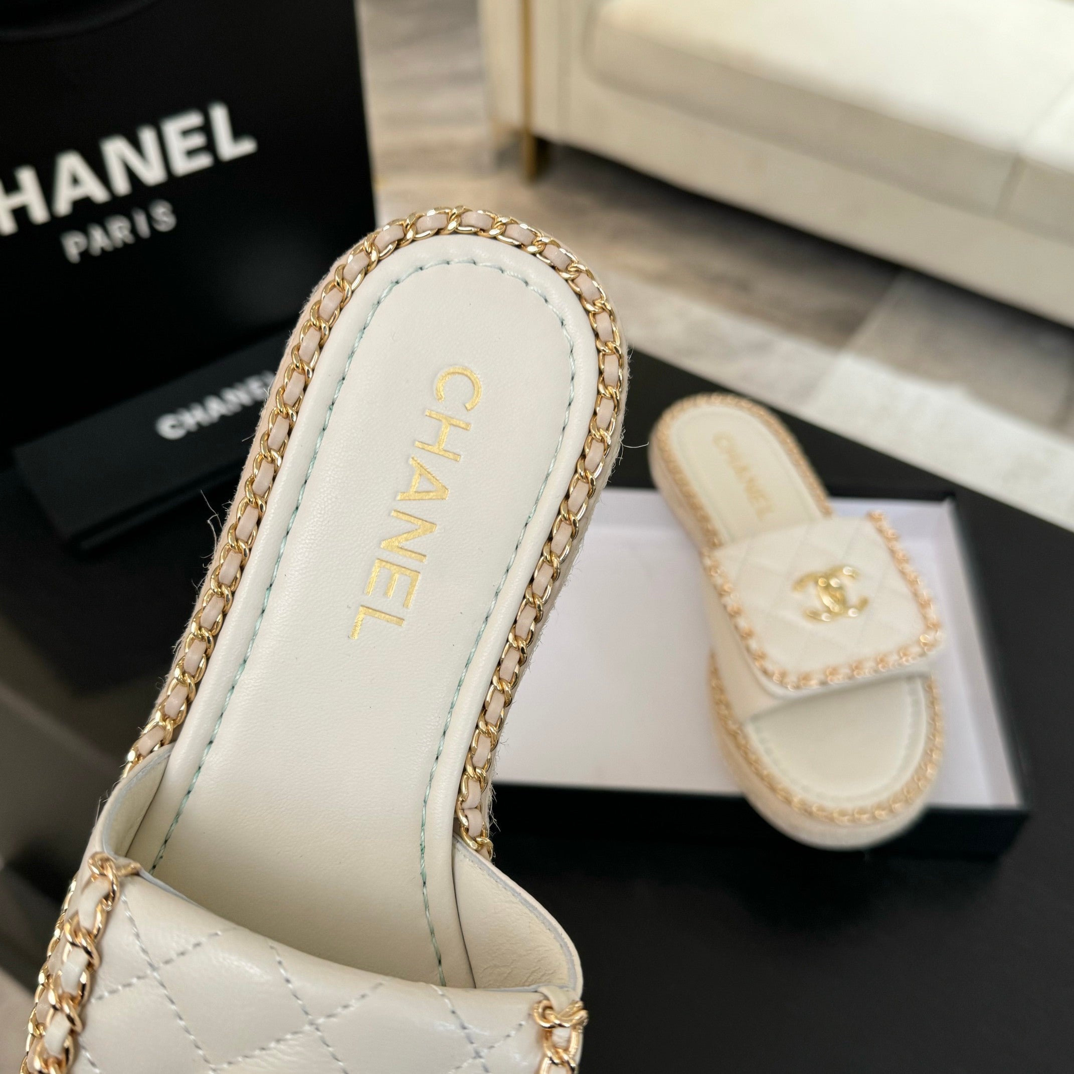 CHANEL Logo Mule Sandal 20mm White Lambskin 183980