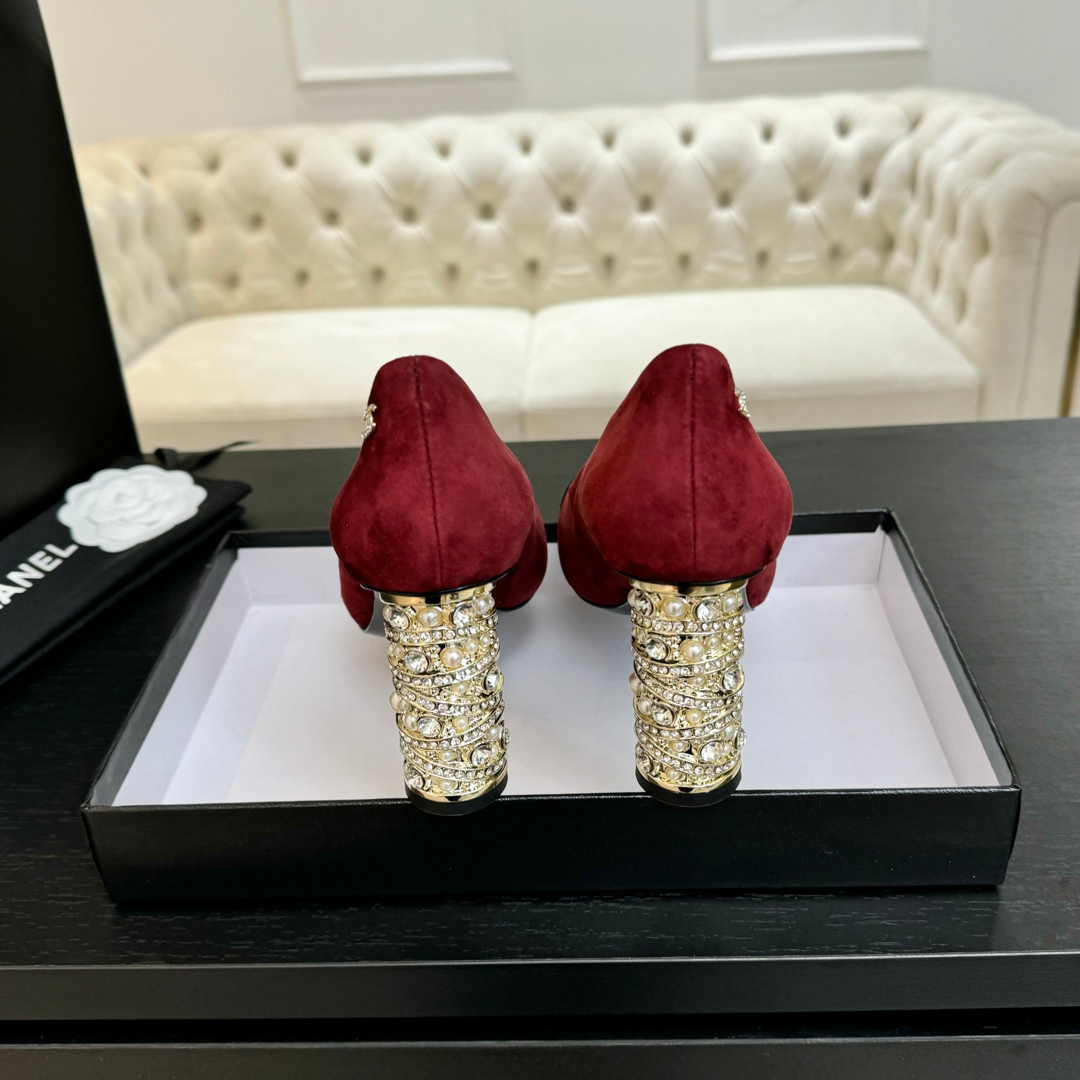 CHANEL HIGH HEEL 85 MM SANDALS IN RUBY RED SUEDE AND BLACK FABRIC