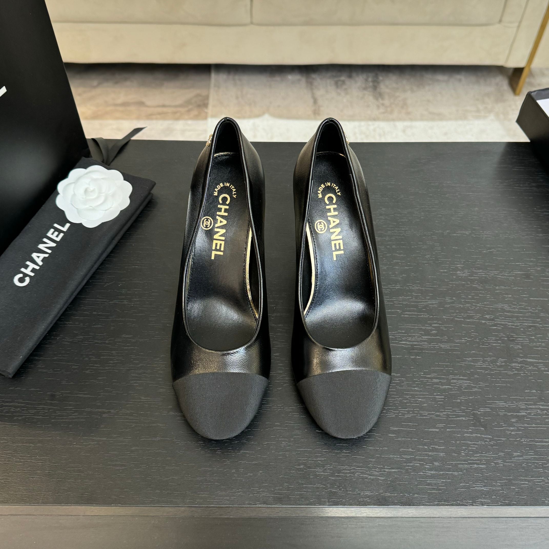 CHANEL HIGH HEEL 85 MM SANDALS IN BLACK CALFSKIN AND FABRIC
