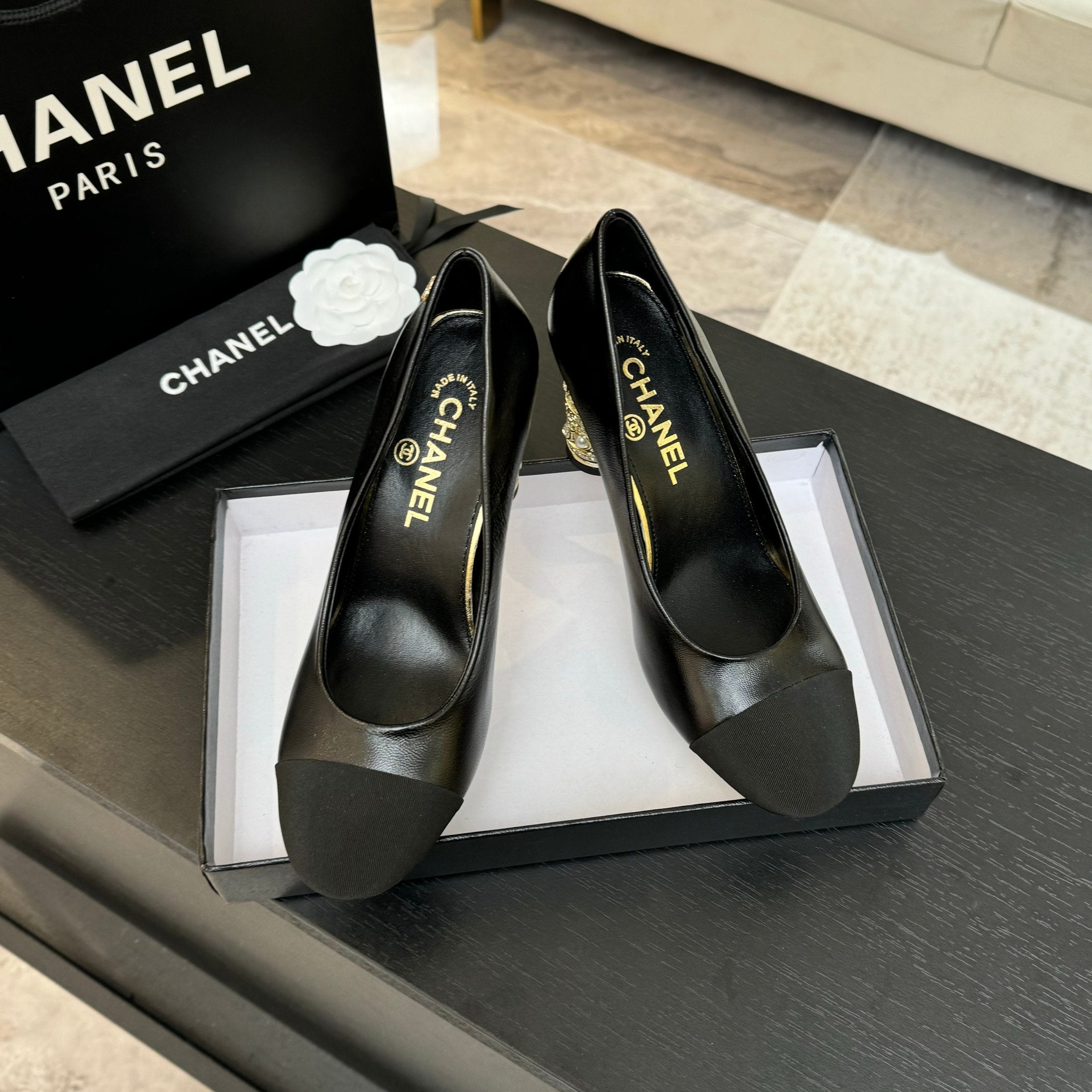 CHANEL HIGH HEEL 85 MM SANDALS IN BLACK CALFSKIN AND FABRIC
