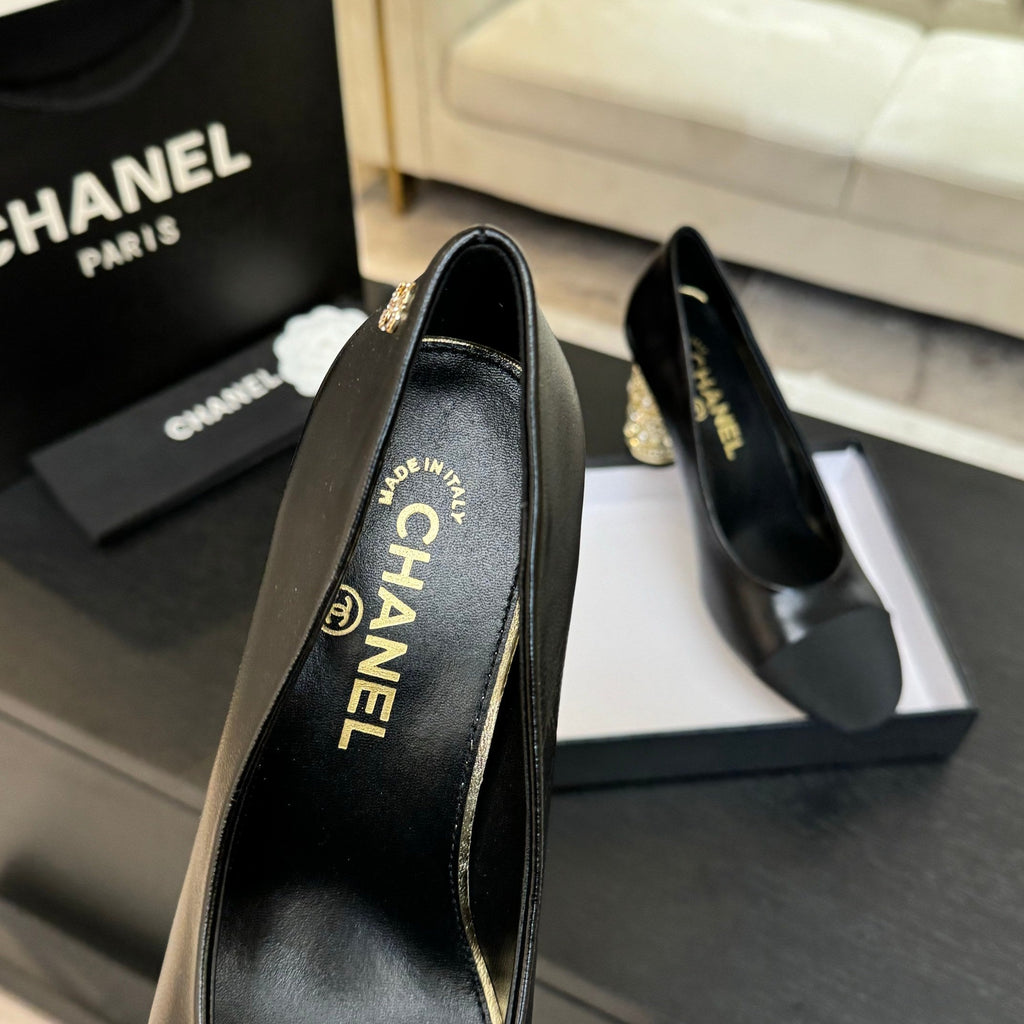 CHANEL HIGH HEEL 85 MM SANDALS IN BLACK CALFSKIN AND FABRIC