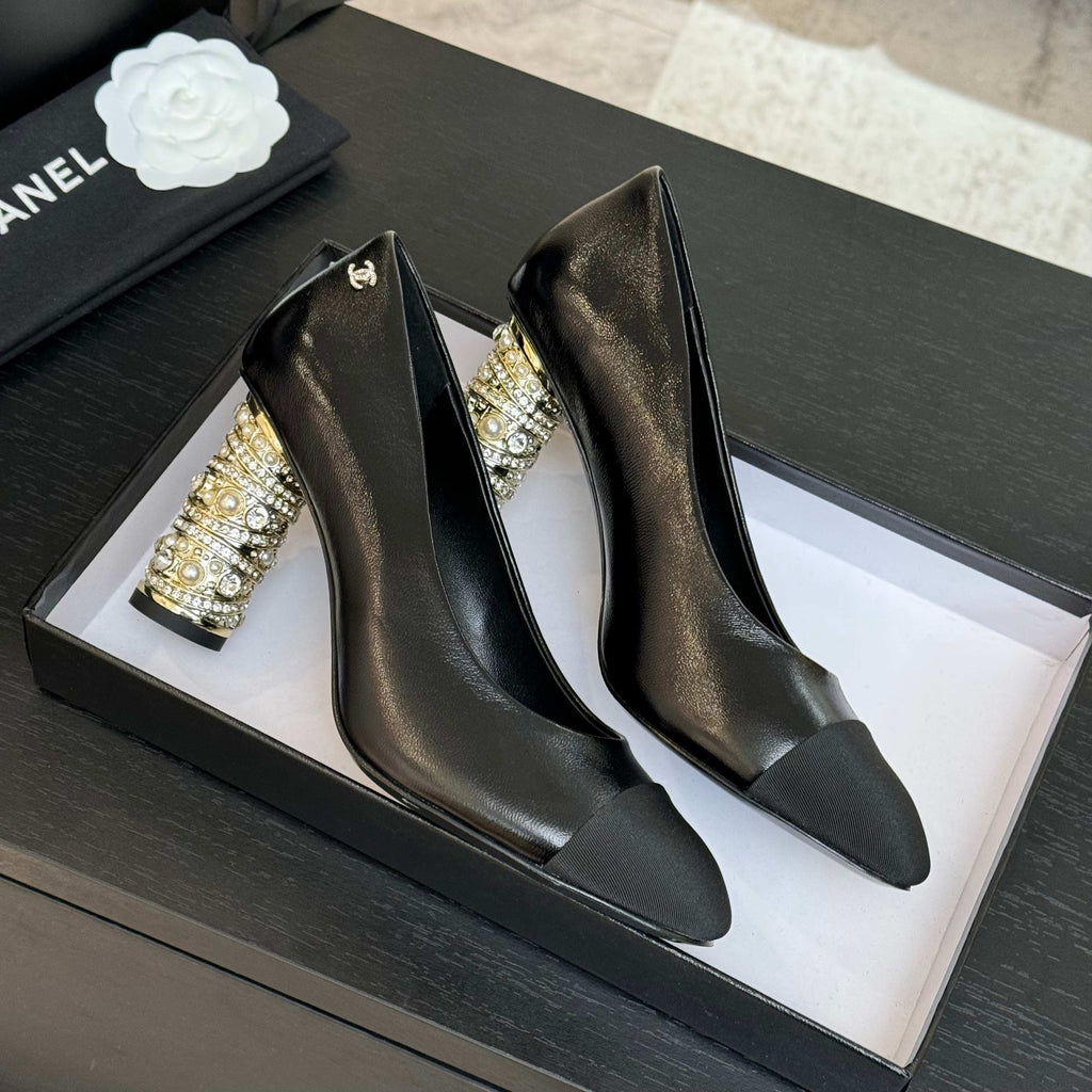 CHANEL HIGH HEEL 85 MM SANDALS IN BLACK CALFSKIN AND FABRIC
