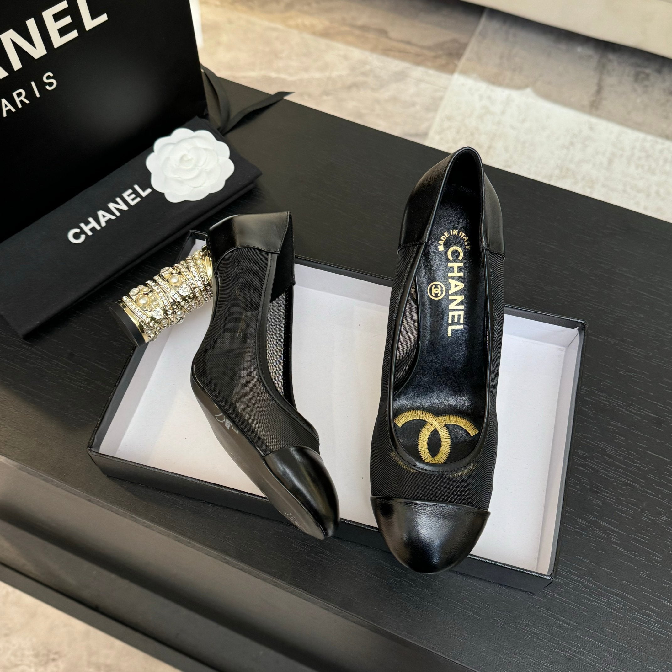 CHANEL HIGH HEEL 85 MM SANDALS IN BLACK CALFSKIN AND MESH