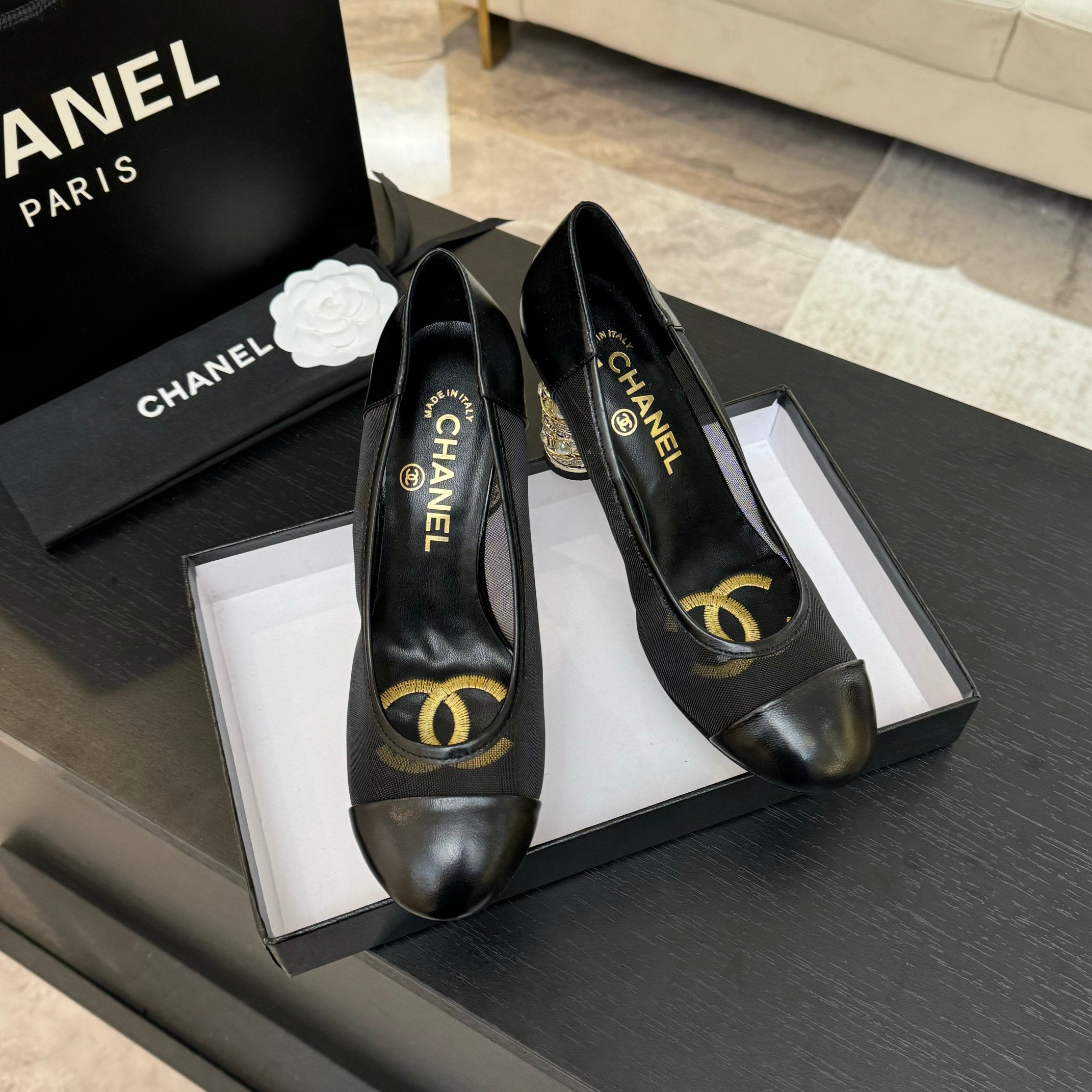 CHANEL HIGH HEEL 85 MM SANDALS IN BLACK CALFSKIN AND MESH