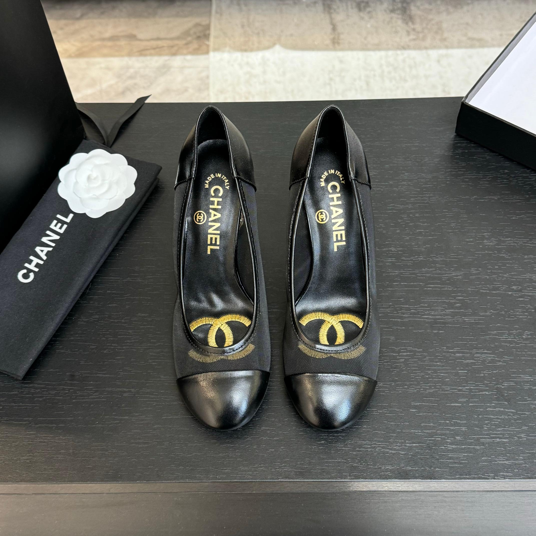 CHANEL HIGH HEEL 85 MM SANDALS IN BLACK CALFSKIN AND MESH