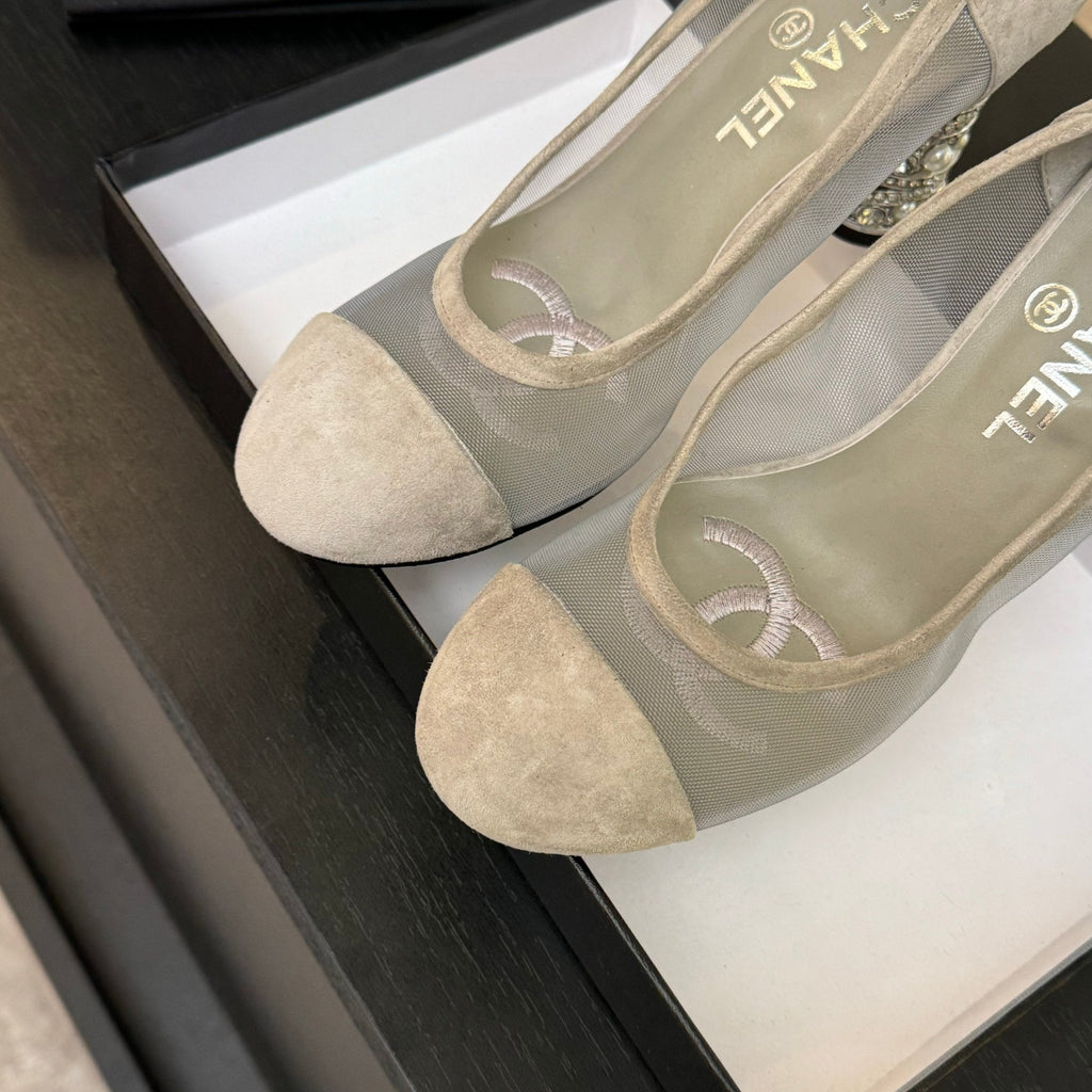 CHANEL HIGH HEEL 85 MM SANDALS IN PALE GRAY SUEDE AND MESH