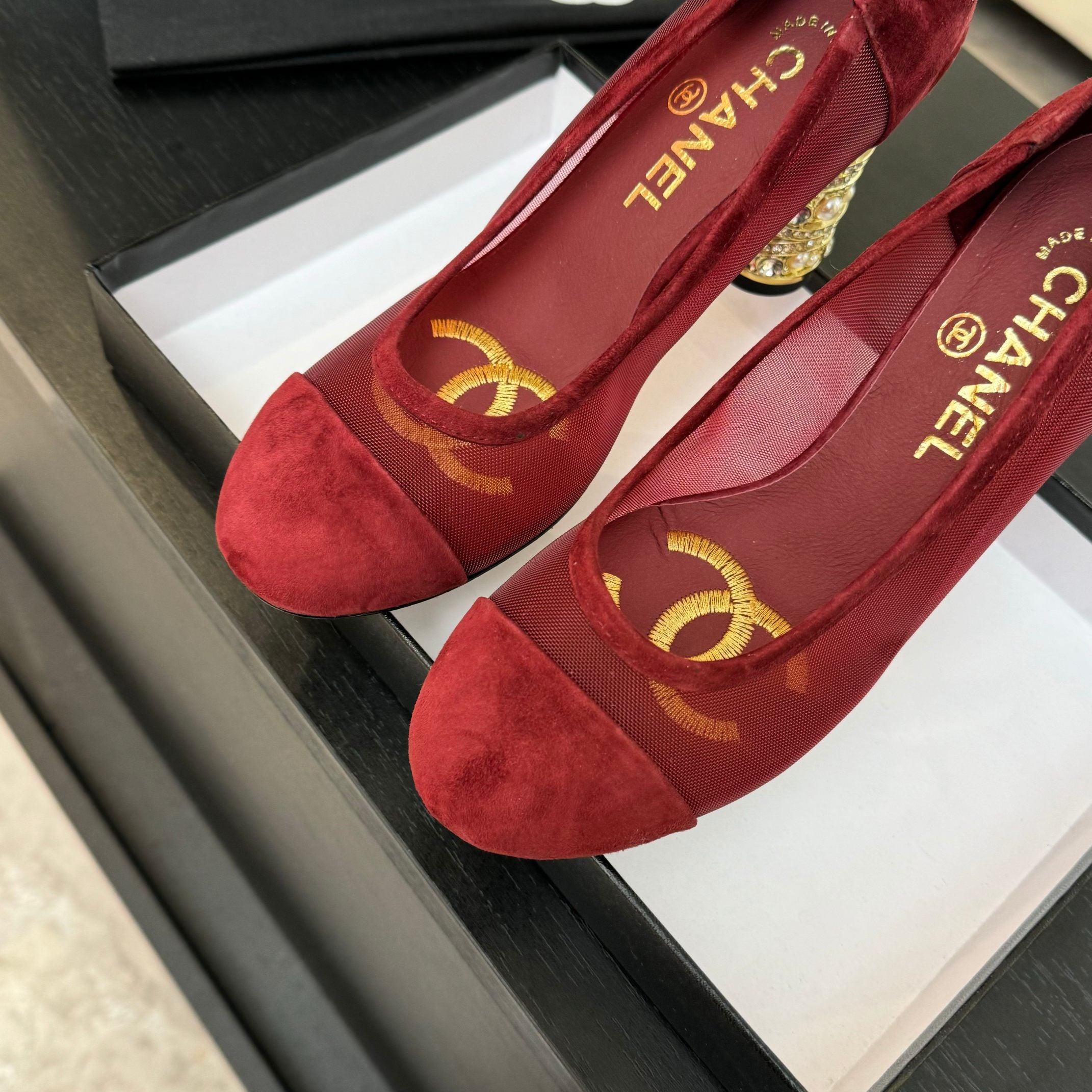 CHANEL HIGH HEEL 85 MM SANDALS IN CHERRY RED SUEDE AND MESH