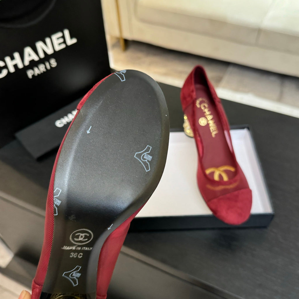 CHANEL HIGH HEEL 85 MM SANDALS IN CHERRY RED SUEDE AND MESH