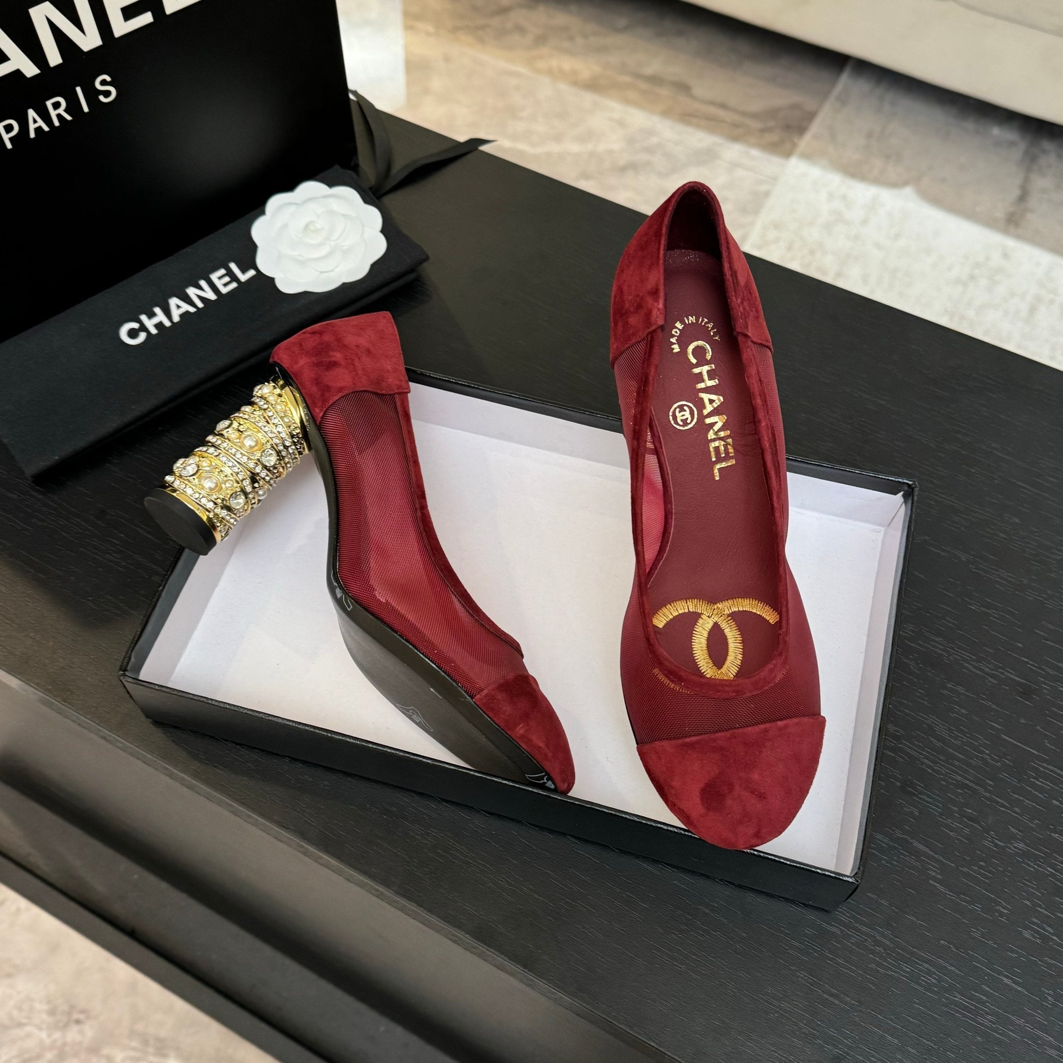 CHANEL HIGH HEEL 85 MM SANDALS IN CHERRY RED SUEDE AND MESH